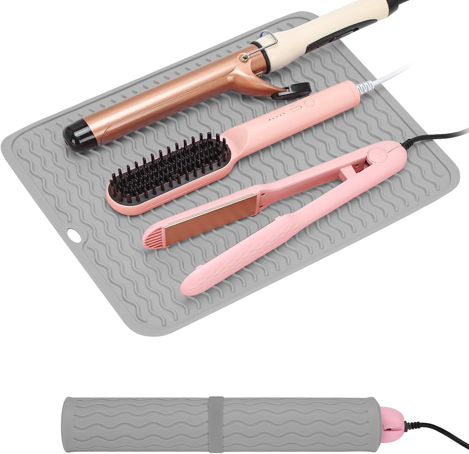 Oversize Silicone Heat Resistant Mat for Curling Iron, Hair Straightener, Flat Irons and Hot Hair Styling Tools, Portable Wrap Cover with Velcro for Home Travel Gym Salon(14.2"" X 11"")