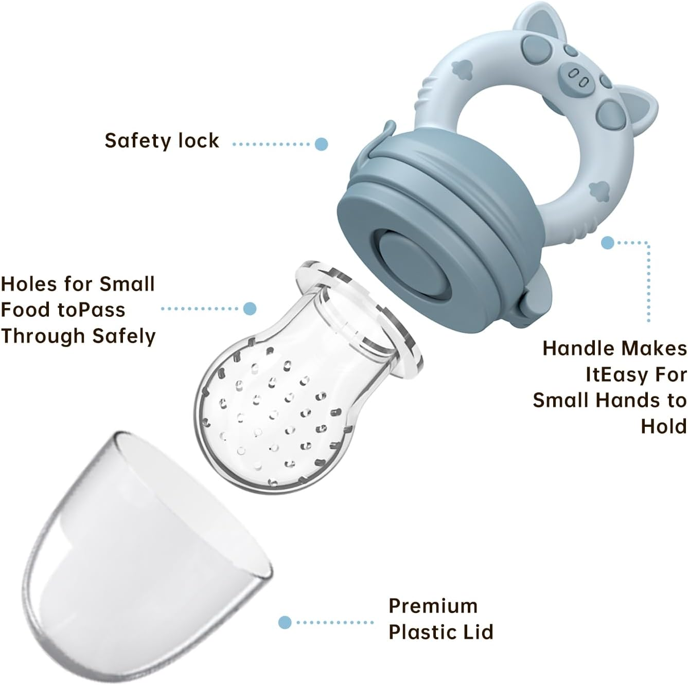 Luleo Baby Food Fruit Feeder Pacifier 3 Sizes Silicone Teats Safe and Hygienic Cap, Self Feeding, Soft Silicone BPA Free, Safe Anti-Choking, Teether Toy for Safe Infant, 4+Month, (Light Blue) - Green  Yellow image number 2