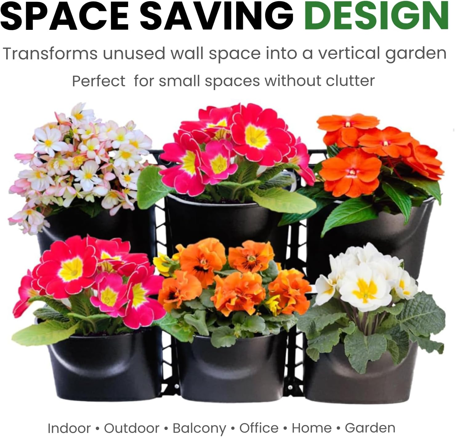 Wall Mounted Garden Planter Kit - Vertical Wall Planter with 6 Plastic Hanging Plant Pots, Space Saving Indoor Outdoor Herbs Flowerpot for Office Garden Balcony and Home Decor - (Black) image number 3