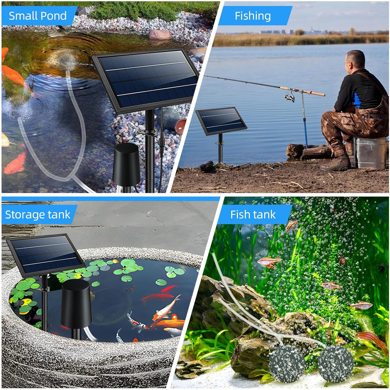 ACAGALA Solar Powered Air Pump Kit 10V 8W Solar Panel Air Pump with Pipe Air Stones 3 Working Modes Waterproof Solar Pond Aerator Oxygenator for Garden Fish Tank Pool Fishing Pond image number 5