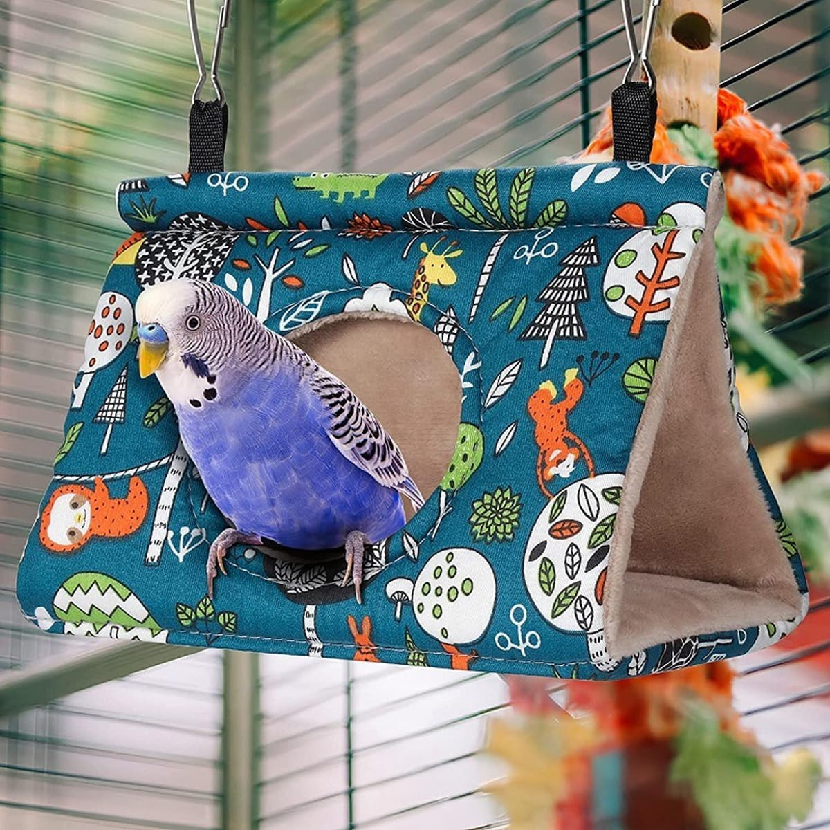 Large Bird Hanging Hammock Winter Warm Bird Nest House Suspended Hammock Plush Shed Swing Cave Cabin for Parrot Parakeet Cockatiels Budgies Lovebird (Blue) image number 6