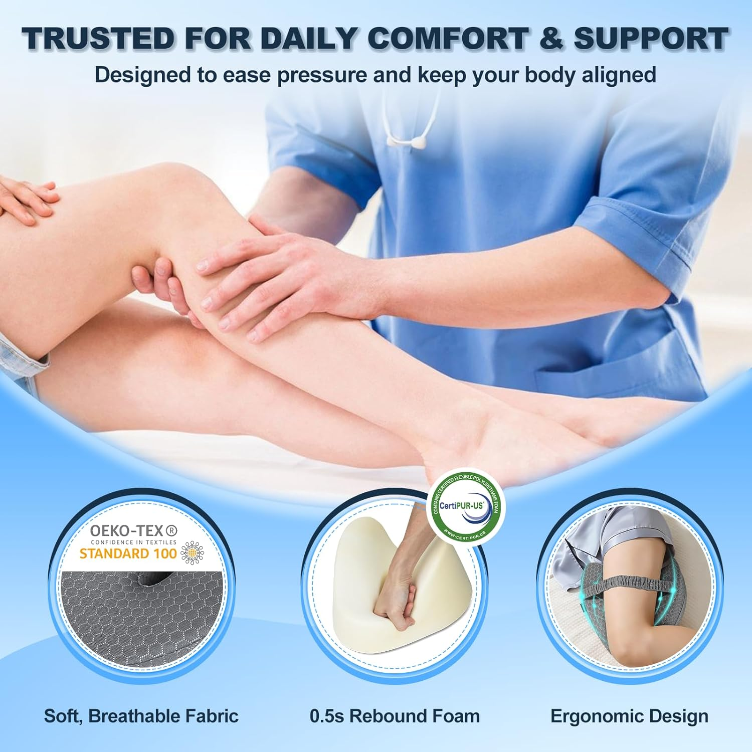 Knee Pillow, Soft Memory Foam Leg Pillows, Cool Ice Silk Hip Support Pillow for Side Sleeper, Body Pillow for Spine Alignment, Sciatica Relief, Post Injury Recovery - with Adjustable Strap (Grey) - Grey image number 1