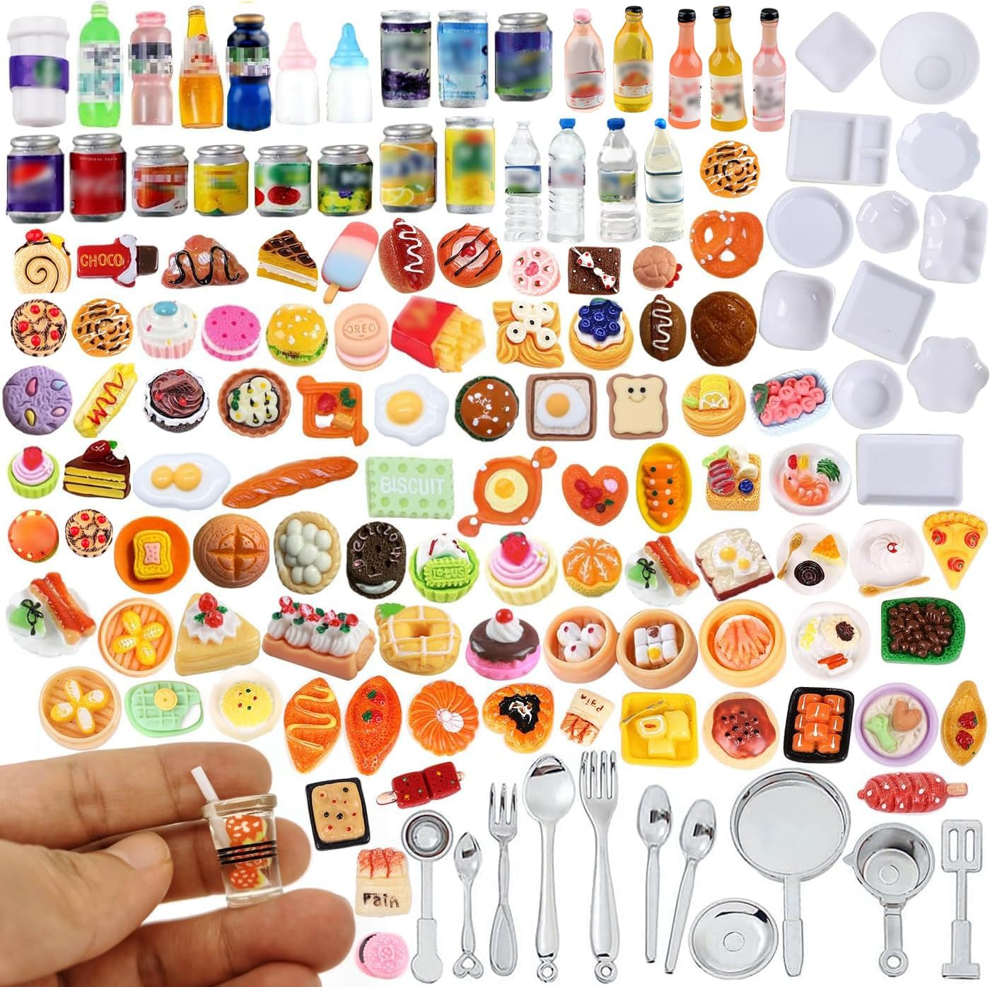 150Pieces Miniature Food Drink Bottles Adults Dollhouse,Soda Pop Cans Pretend Play Kitchen Cooking Game Party Accessories,Toy Hamburger Cake Ice Cream Tableware Doll House Landscape Party image number 6