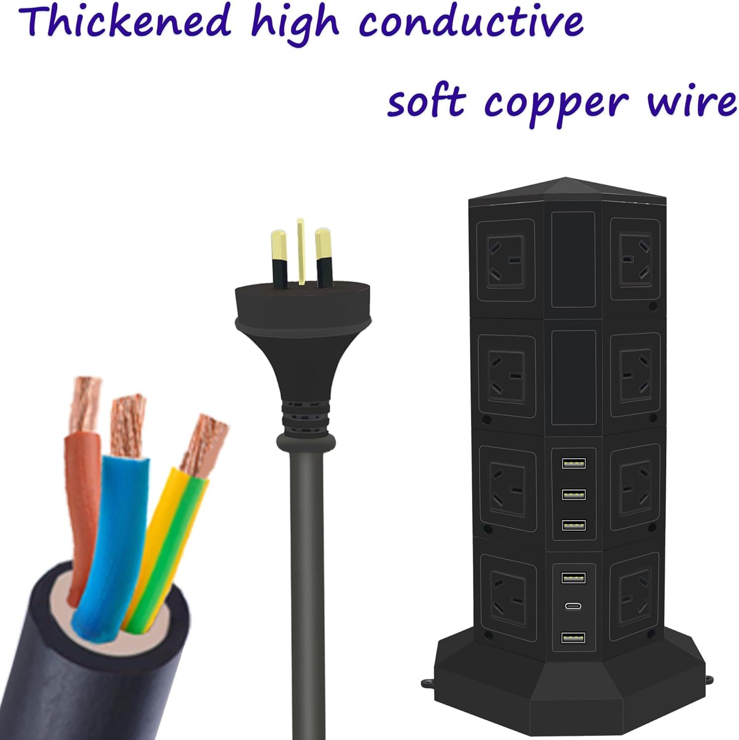 Tower Power Strip USB Surge Protector Socket 16 AC Outlets with PD USB C Ports 40W Chargers 2M Long Extension Cord SAA Certified Black image number 4