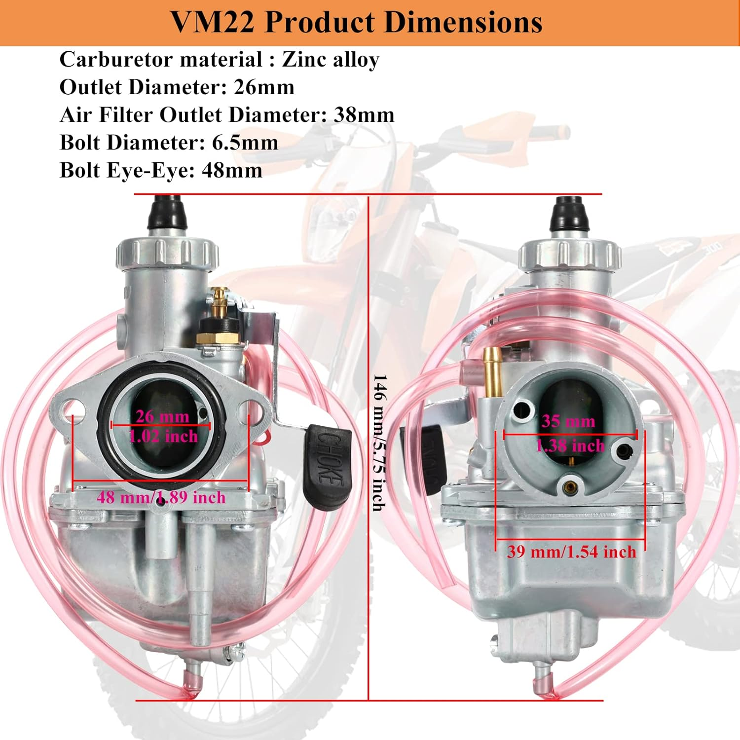 VM22 26Mm Carb with Air Filter Intake Pipe Compatible with CRF70 XR50 DB17 RFZ DBX1 RFX150 SSR 125 110Cc 150Cc 212Cc Enduro Bike Go Kart Pit Bike ATV Motorcycle image number 1