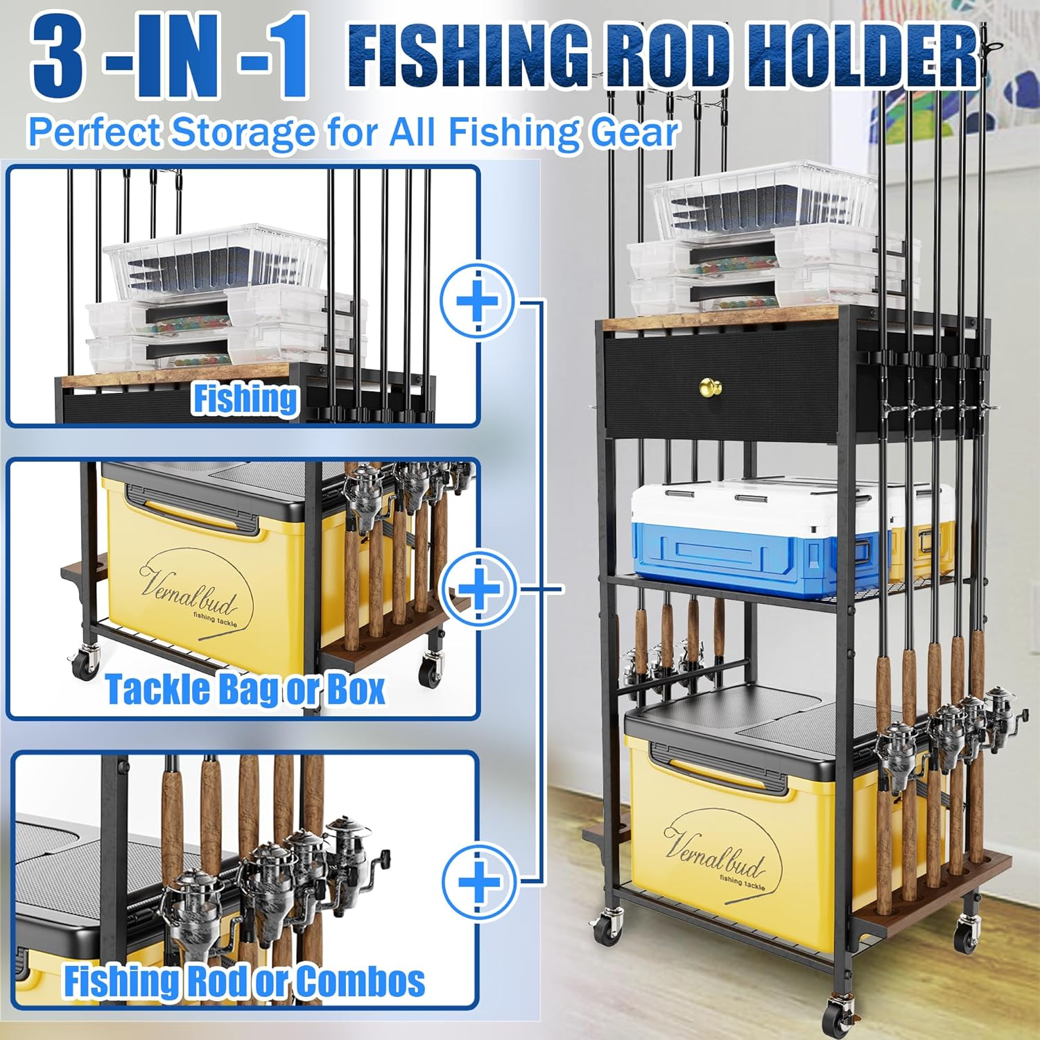 Fishing Rod Holders for Garage Holds up to 10 Rods, 360 Degree Rotating Fishing Pole Holder, Tackle Storage Cart Fishing Gear and Equipment Organizers, Fishing Gifts for Men Women (Black) image number 1
