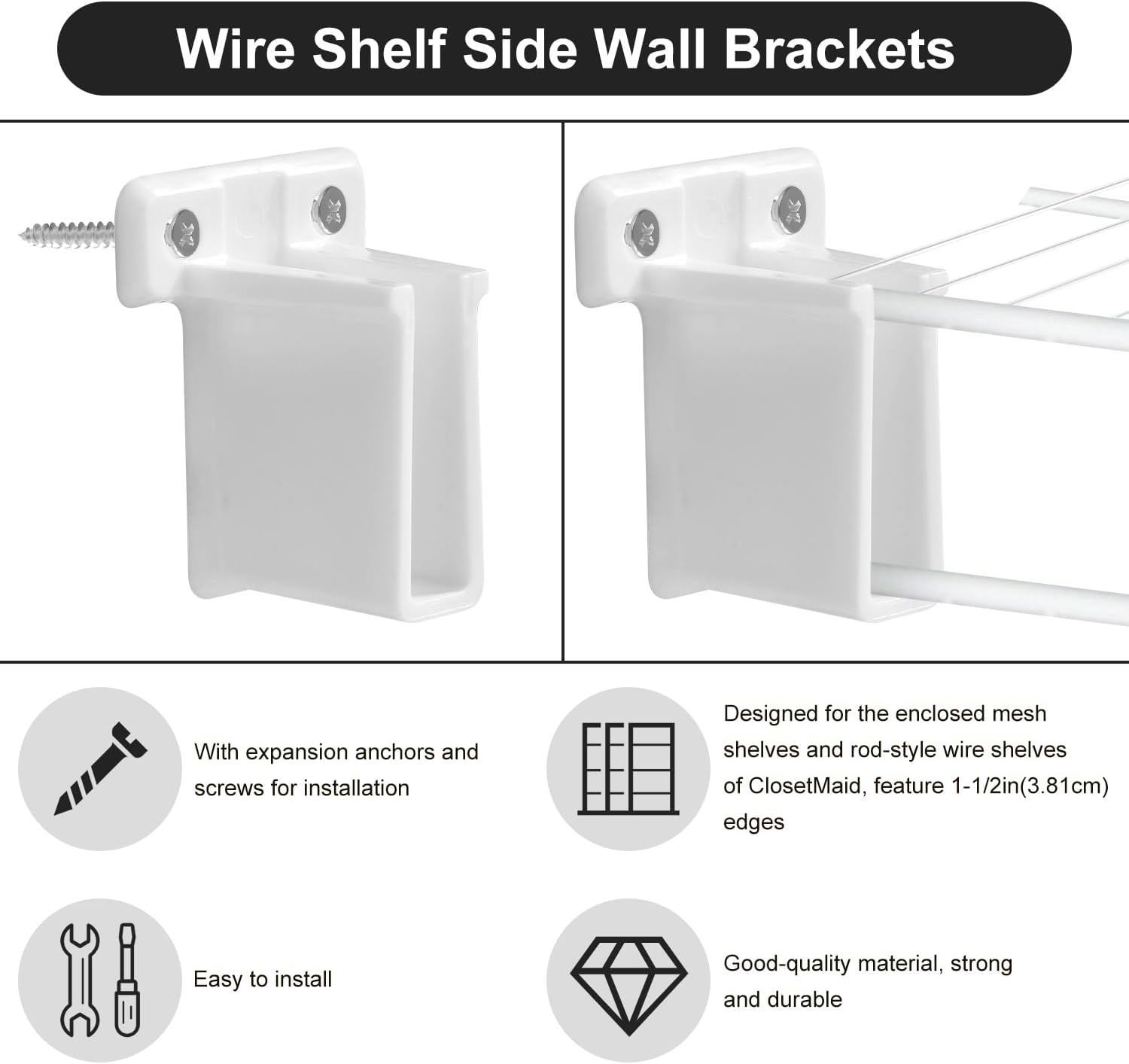 8Pcs Wire Shelf End Brackets, Heavy Duty Closet Shelves Brackets Wall Mount Brackets Wire Shelf Corner Support Bracket with Screws Expansion Anchors for Shelves Closet image number 3
