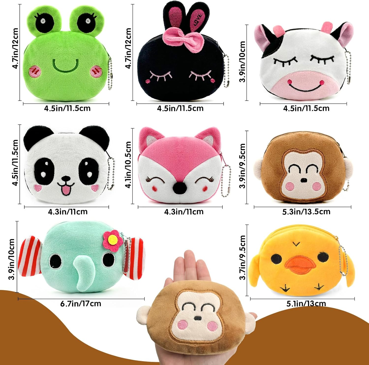8 Pack Small Cute Coin Purse Pouch Bulk with Keychain for Kids Party Bag Fillers, Zipper Plush Animal Coin Purse Wallet Pouch for Bithday Party Favors Classroom Rewards School Kids Activity image number 5