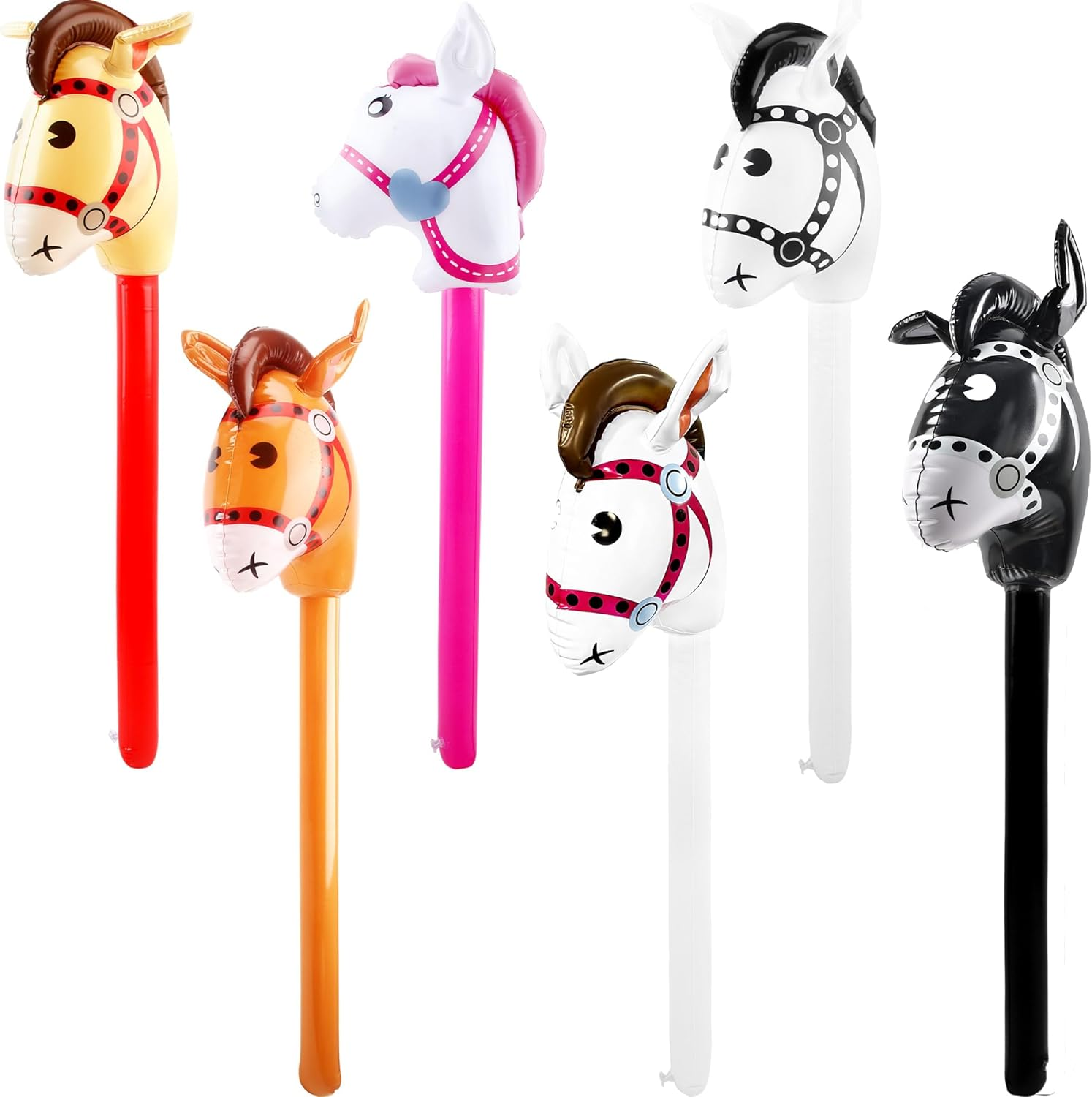 6 Pack 40 Inch Inflatable Horse Stick Cute Horsehead Stick Balloon Colorful Inflatable Horsehead Stick Blow up Pony Stick Toys for Christmas Cowboy Cowgirl Horse Theme Party Decor (Color Set 2)