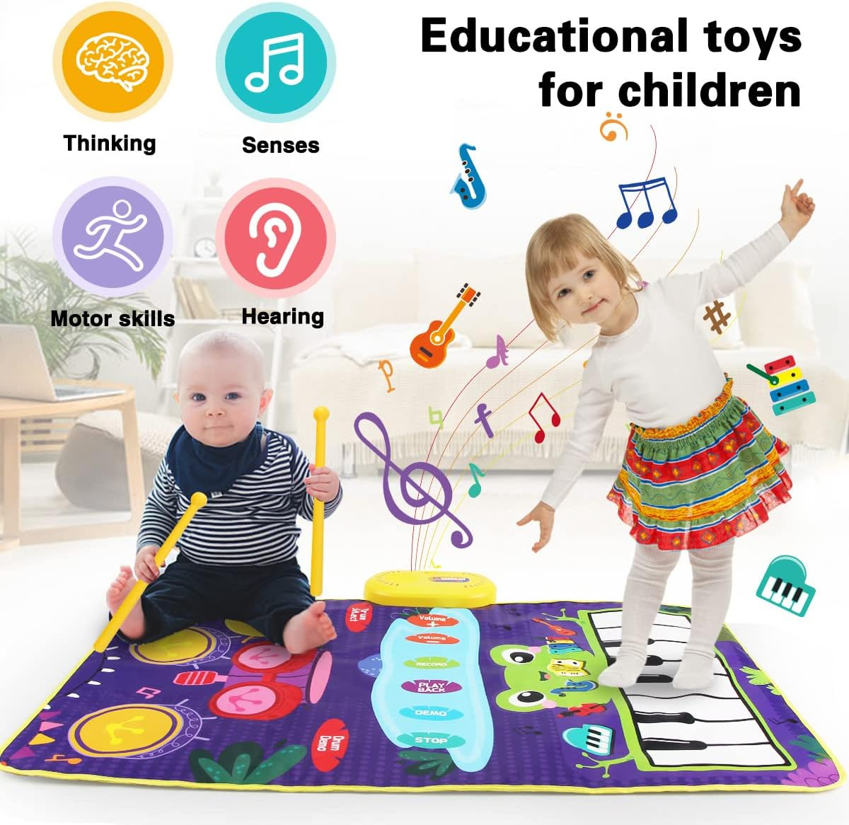 Joyfia Kids Musical Mat, Piano Keyboard & Jazz Drum 2 in 1 Music Toys for Toddlers Touch Play, Floor Musical Playmat with 6 Instrument Sounds, Education Learning Toys Gifts for 3 Year Old Girls Boys