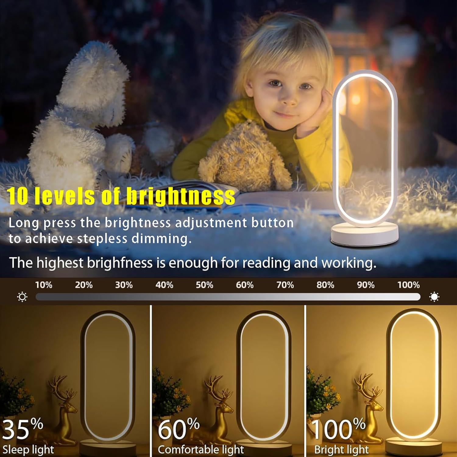 Small Modern Bedside Table Lamp, LED Oval Bedside Night Light, 3 Color Temperatures and 10 Brightness Levels, 8.6'' Desk Lamp for Bedroom, Living Room, Reading Lamp, Home Decoration, White image number 6