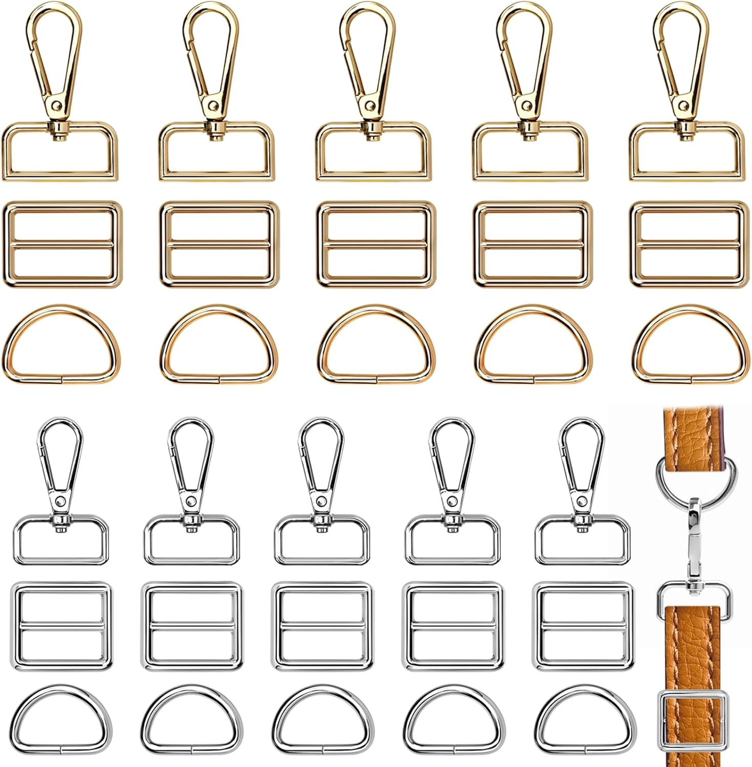 30 Pcs D Rings for Purse Bag, AFUNTA Hardware Purse Heavy Duty Swivel Snap Hooks and Tri-Glide Slide Buckles for Bag Making Buckles Craft (25Mm/31Mm) image number 5