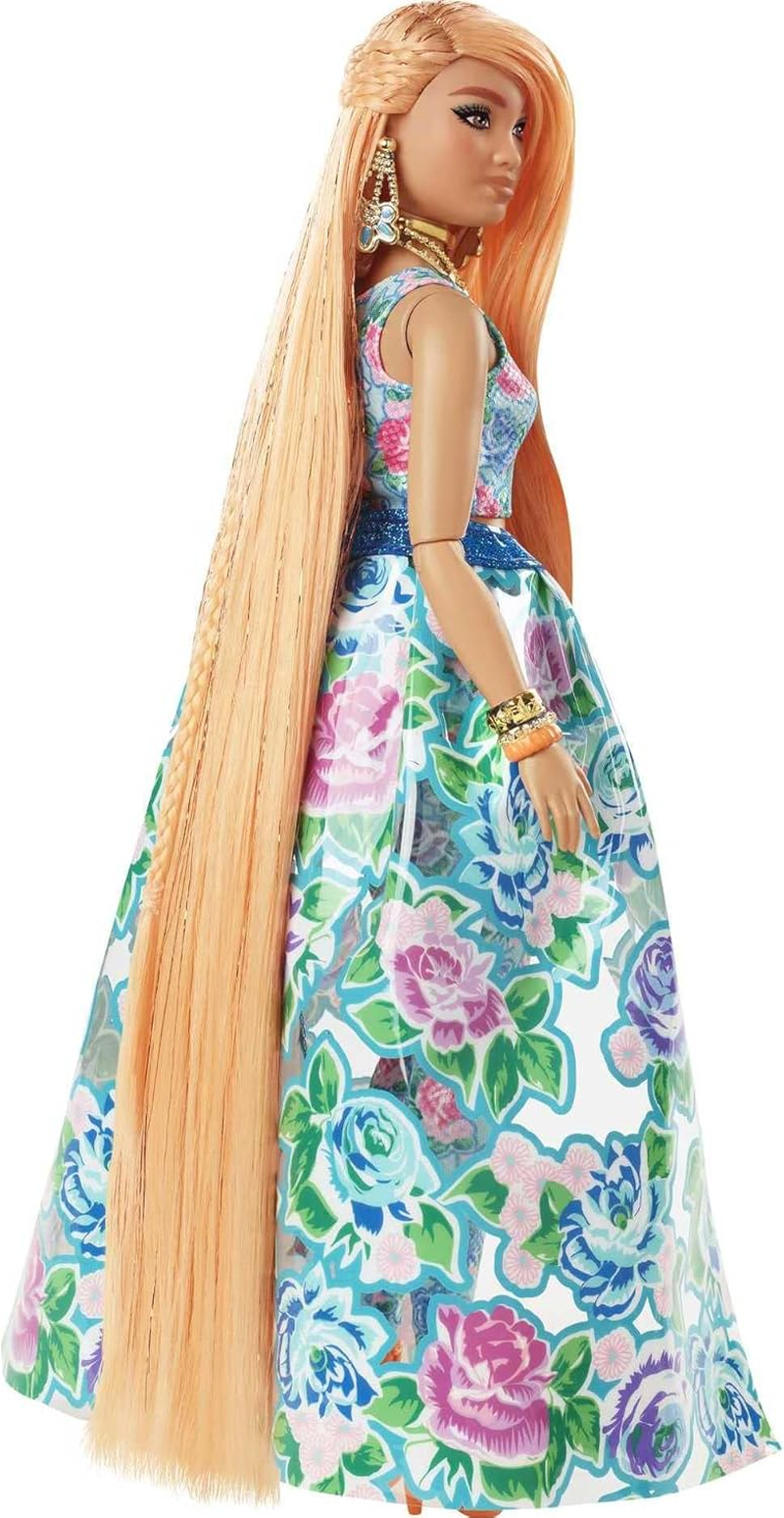 Barbie Extra Fancy Fashion Doll & Accessories with Curvy Shape & Orange Hair in Floral 2-Piece Gown with Pet Kitten