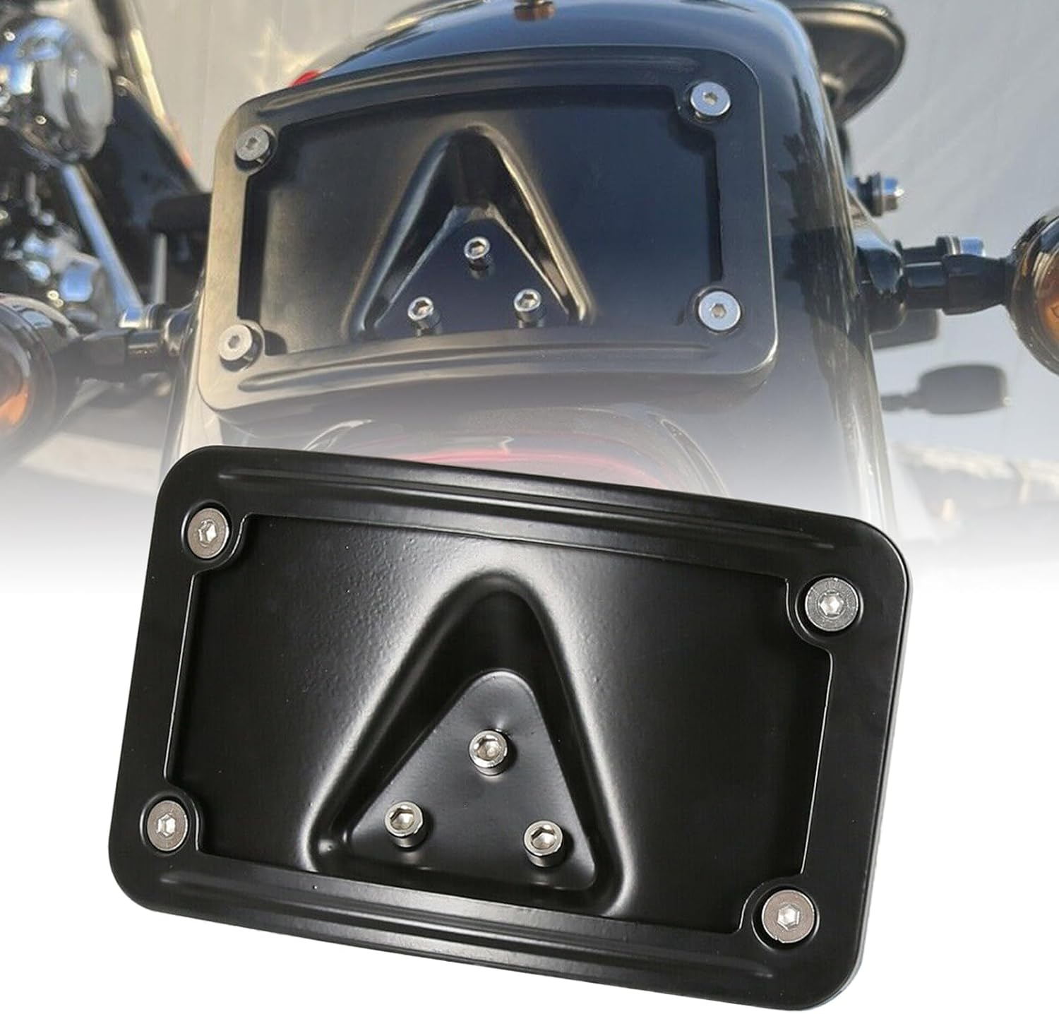 3148 Curved Laydown License Plate Mount with Frame Compatible with Harley Davidson 3 Hole Mount (Black)