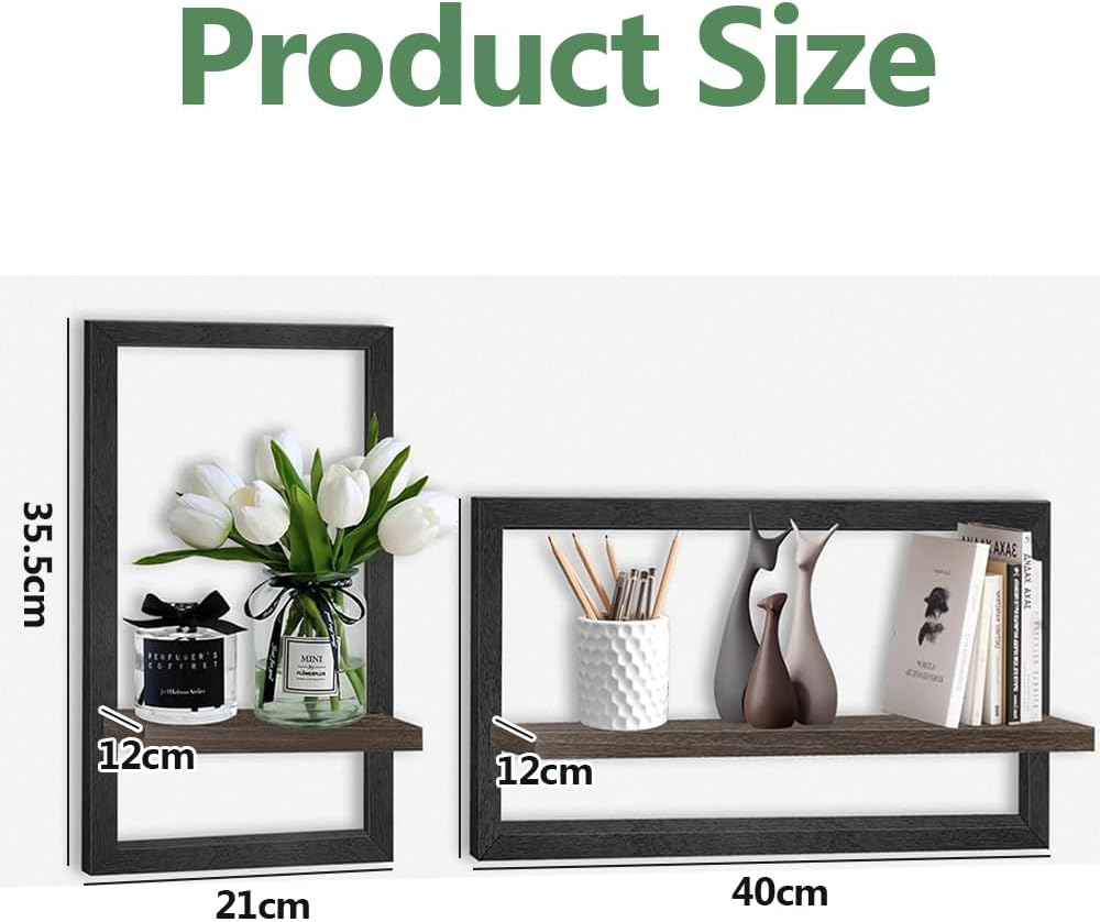 2 Pcs Rustic Black Square Wood Wall Shelves, Durable Wall Mounted Storage Shelves, Decorative Floating Wooden Display Racks for Living Room, Bedroom, Kitchen, or Office