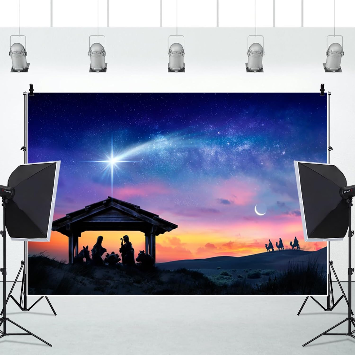 Renaiss 7X5Ft Birth of Jesus Backdrop Evening Manger Scene Photography Background Christmas Blue Starry Sky Holy Night Orange Sunset Banner Camel Desert Portrait Photobooth Banner Party Decorations image number 2