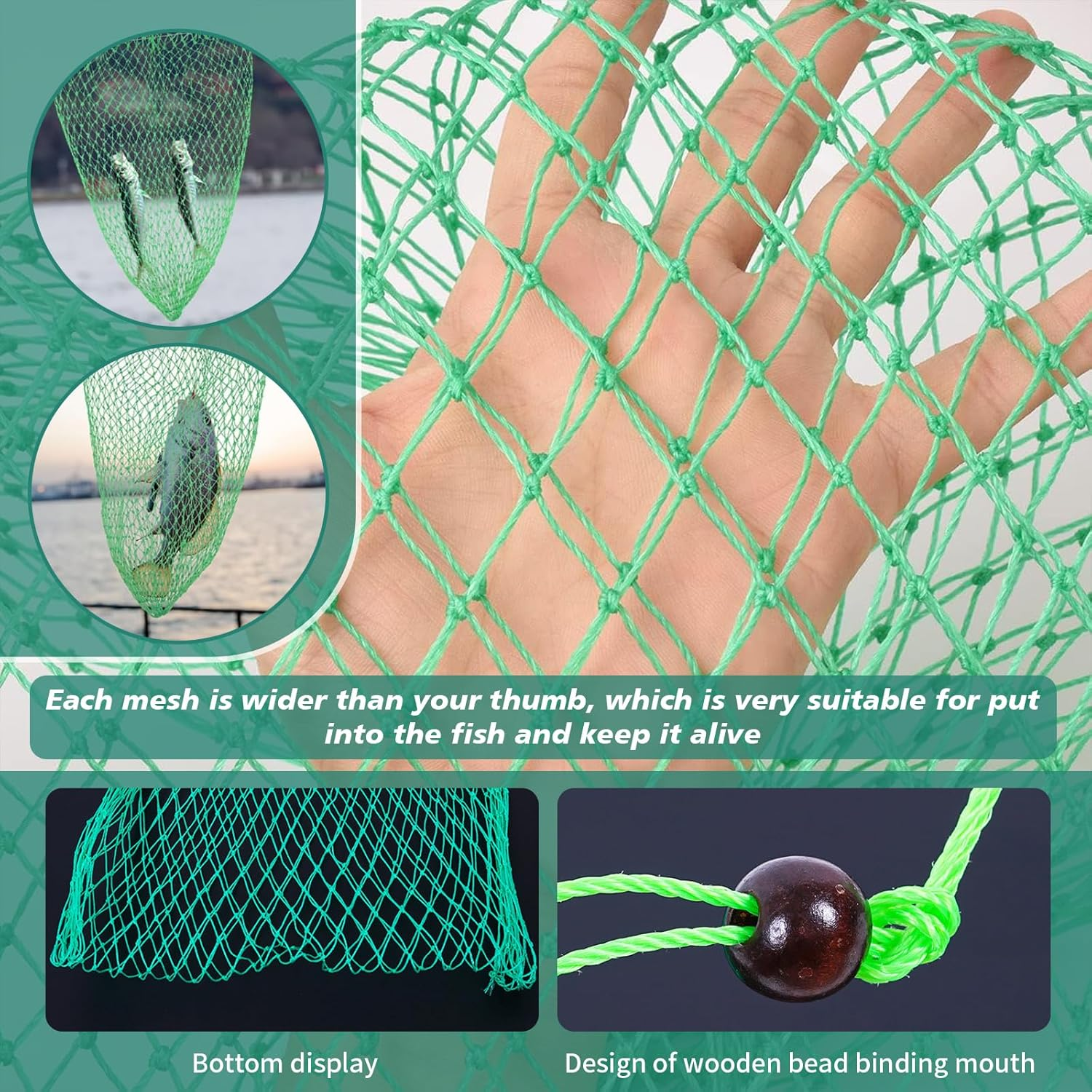 Fishing Net Bags, Folded Fishing Bait Trap Net, Drawstring Fish Storage Mesh, Foldable Fish Keep Net Diving Bags, Long Fishing Mesh, Length Trap Net for Shrimp, Shrimp, Crabs, Lobster (1.5M) image number 5