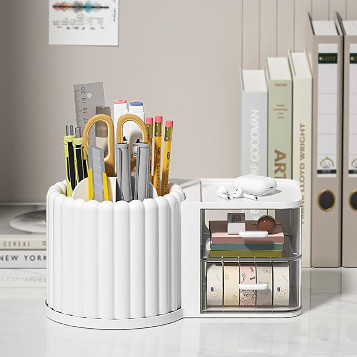 Makeup Organizer Countertop,360 Rotating Makeup Brush Holder 7 Slots Makeup Organizer with Drawer Removable Spinning Cosmetic Storage Pen Holder for Vanity, Dresser, Desk,9.25X5.11Inch,White image number 5