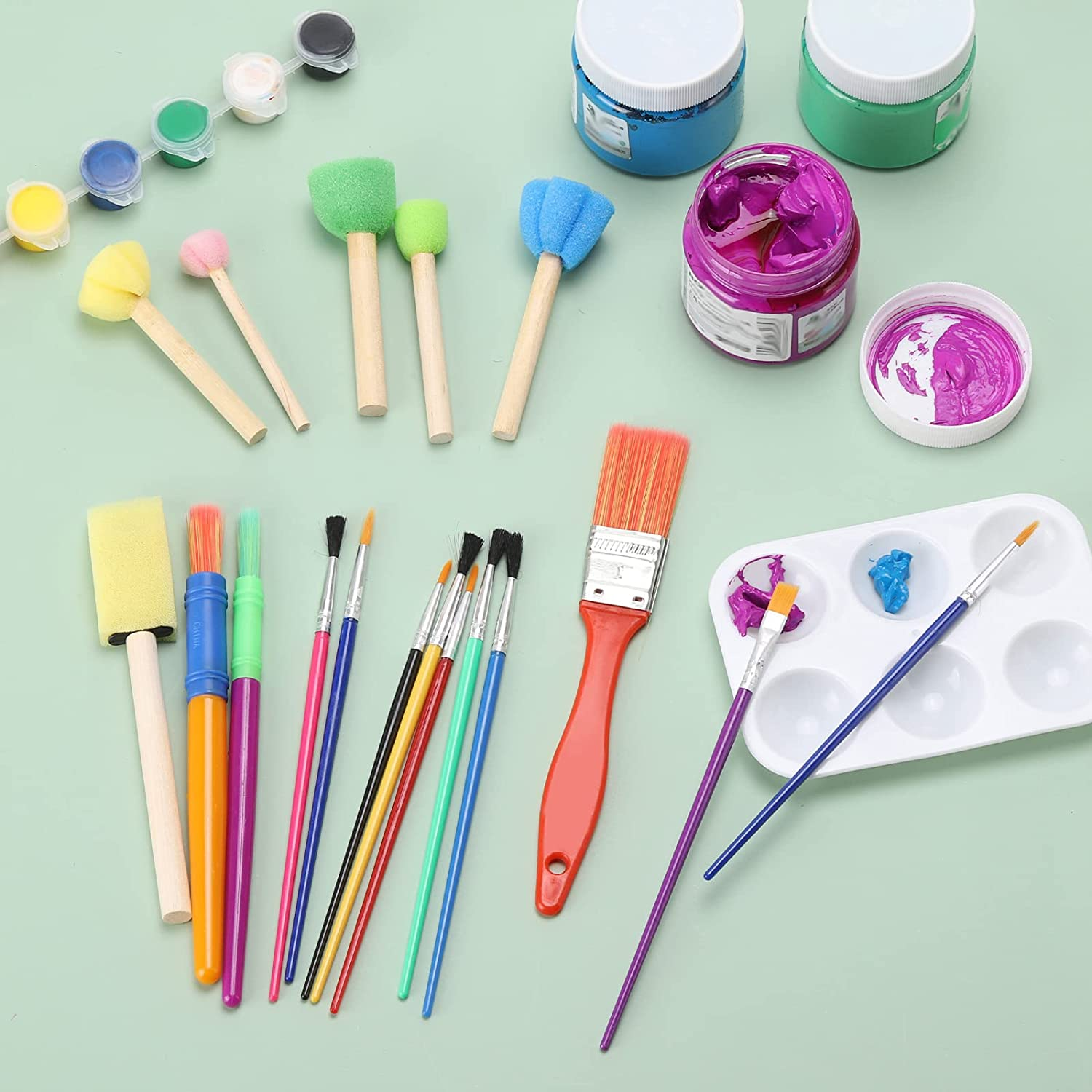 19 Pcs Kids Paint Brush Set with Plastic Paint Pallete - All-Purpose Paint Brushes for Kids or Students to Paints on School Project or Art Class image number 1