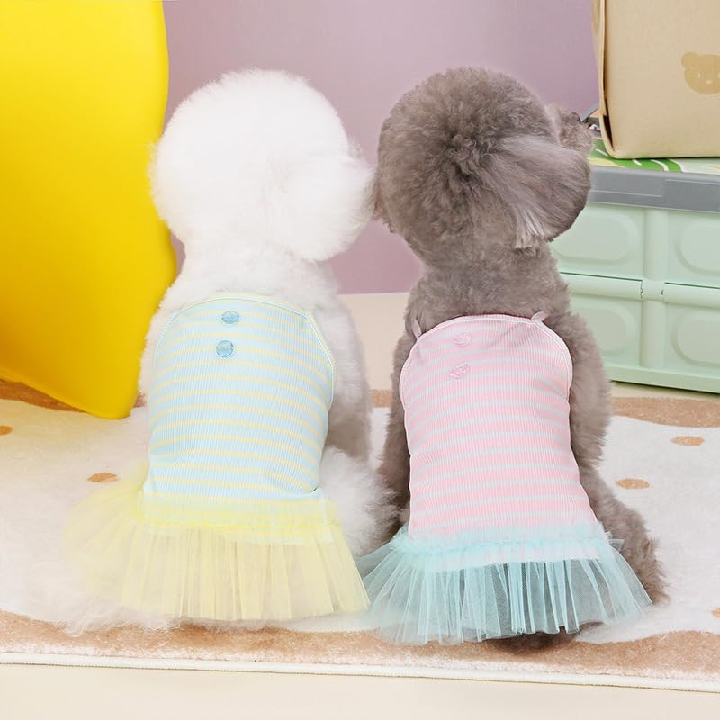 Knitted Dog Dress for Small Dog Striped Pet Pullover Strap Dress Stretchable Summer Clothes Breathable Puppy Tulle Skirt (Green, M) image number 1