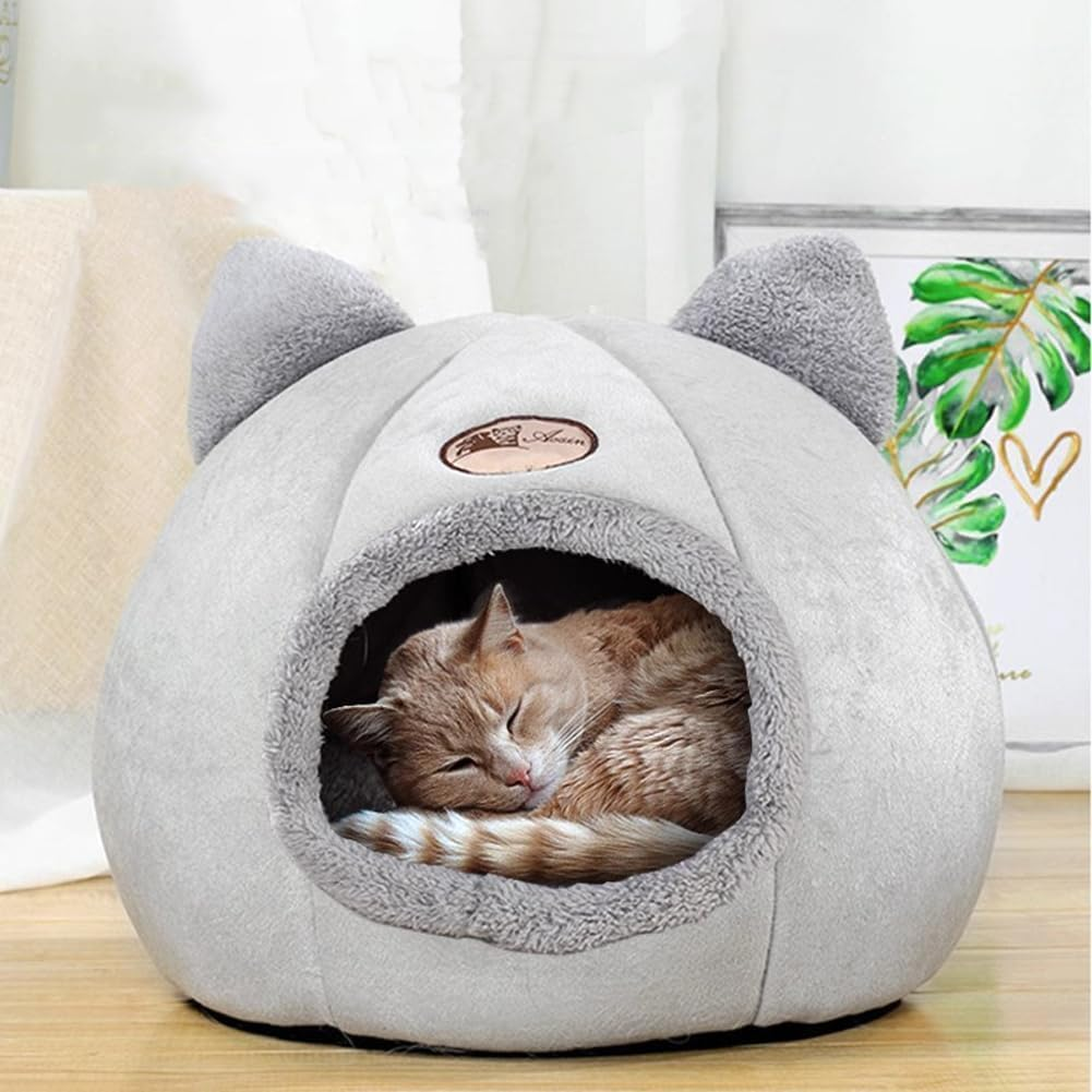 Cat Bed Cave with Dome Shape - Soft Plush Premium Cotton No Deformation Cave, Lightweight Portable Bed, House for Indoor Kitten and Small Dog, Grey(L) image number 2