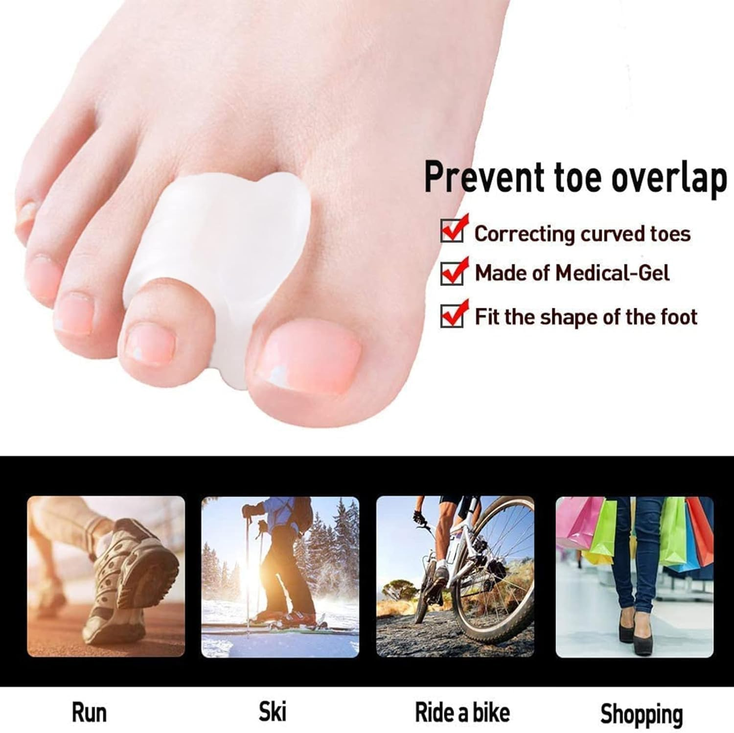 Gel Toe Separators for Overlapping Toes, 4 PCS Bunion Big Toe Straighteners, Thumb Tail Finger Ring Nursing Pad Split Toe Corrector Fixator for Hallux Valgus, Correctior Hammer Toe Relieve Pain (White) image number 4