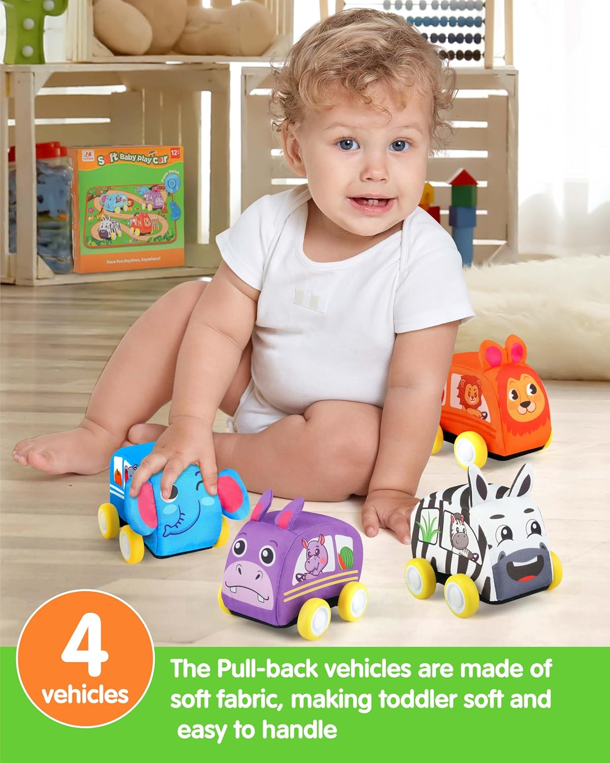 Vanmor Kids Pull-Back Cars Set - 2 in 1 Baby Toy Set with 4 Animal Vehicle and Musical Mat Carrying Bag-Kid Toy Cars for 12M+ Infant, Soft Toys for Babies and Toddlers image number 1