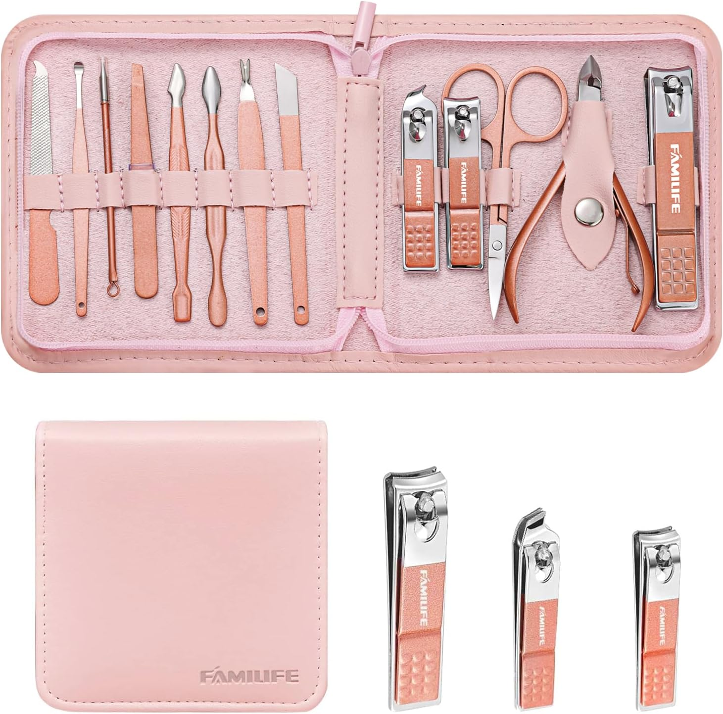 FAMILIFE Manicure Set, Professional Manicure Kit Nail Clipper Set Stainless Steel Pedicure Tools Kit with Leather Travel Case for Women Girl Men (Brown)
