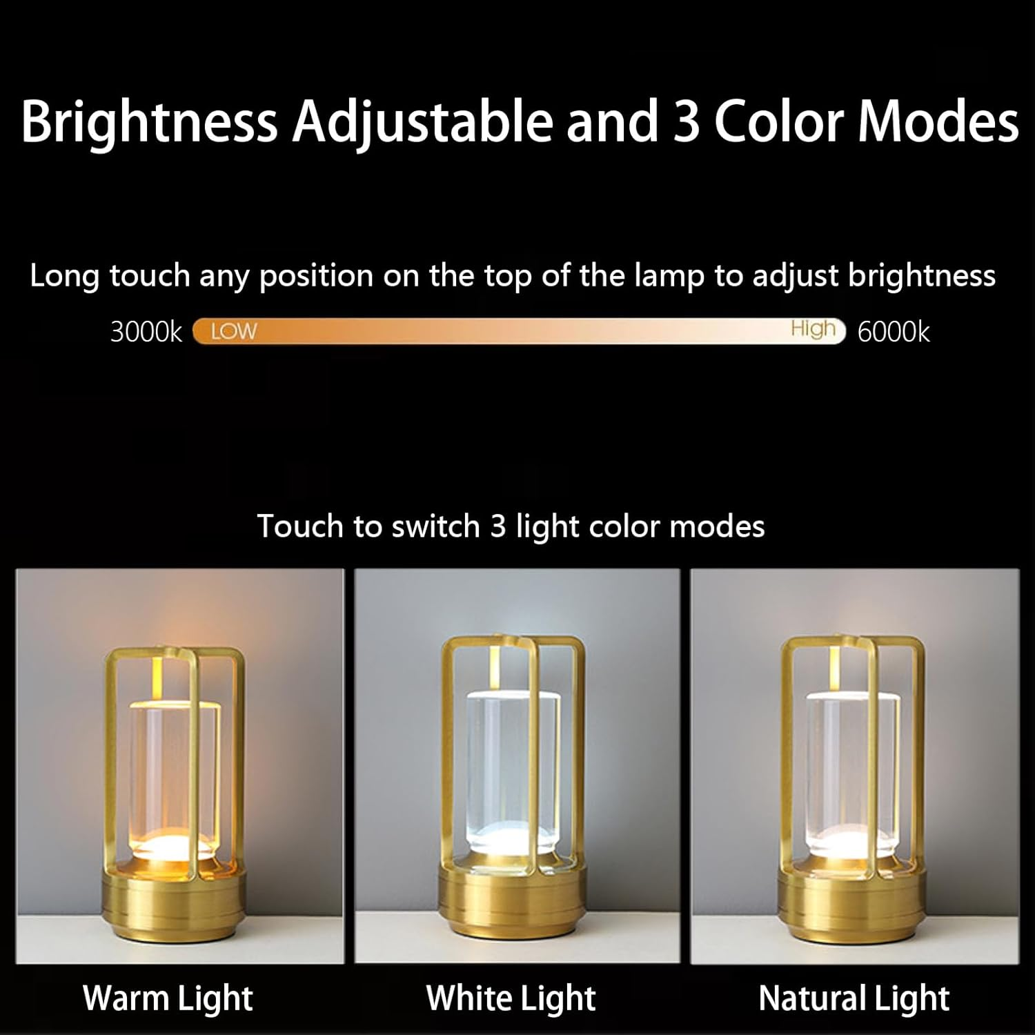 Cordless Table Lamp, LED Lamp with 2000Ma Battery, 3 Color Stepless Dimming, Lumisom Crystal Lantern Lamp, Klarako Crystal Lantern Suitable for Bedroom/Bar/Cafe/Camping(Gold) 1 Pack