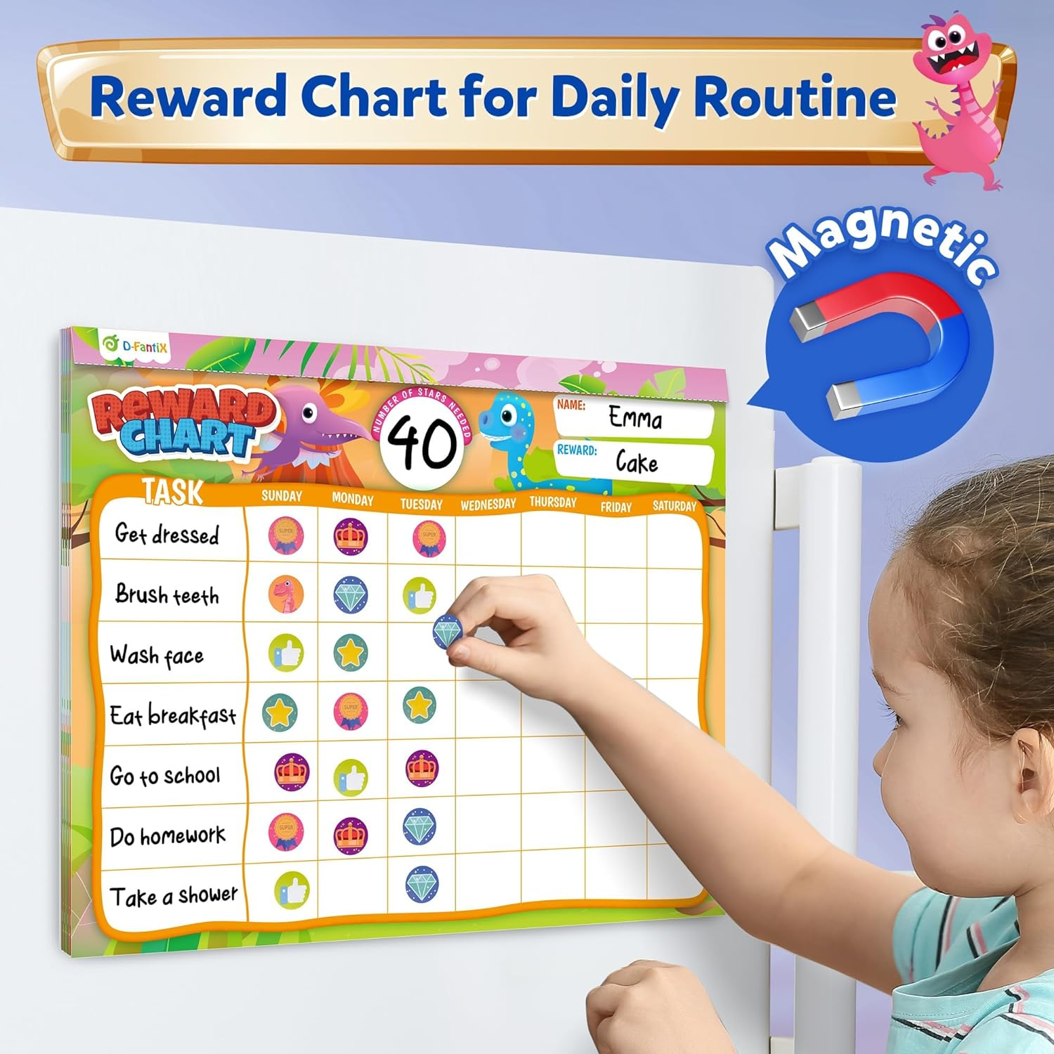D-Fantix Reward Chart for Kids - Pad with 27 Customized Chore Charts, Behavior Chart for Kids at Home, Sticker Chart to Motivate Responsibility and Good Habits, 2280 Stickers & 48 Incentive Stickers image number 2