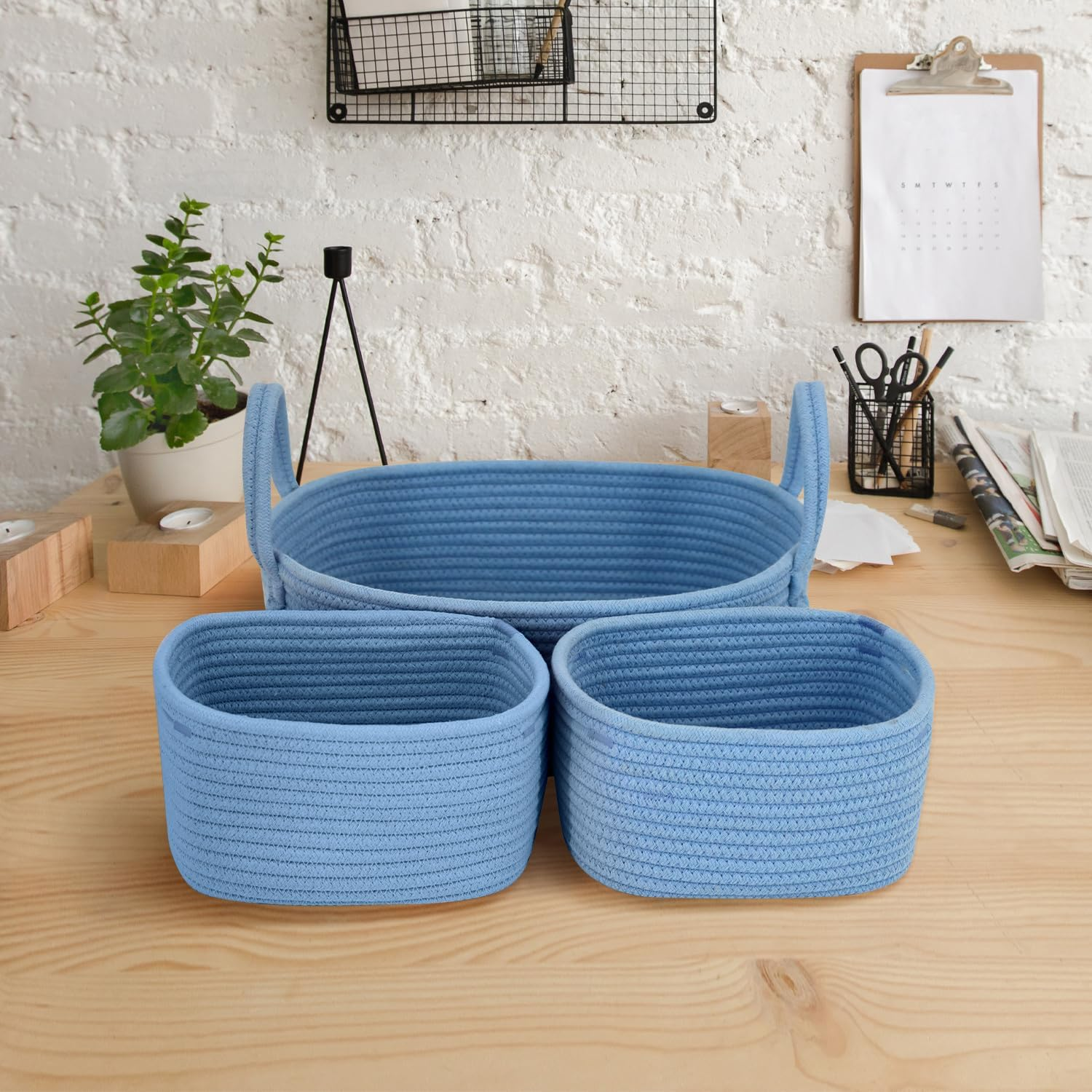 Set of 3 Nursery Storage Baskets, Baby Nursery Baskets, Small Woven Baskets for Storage, Cotton Rope Baskets for Toys, Basket with Handles, round Towel Basket Bins - Baby Pink image number 4