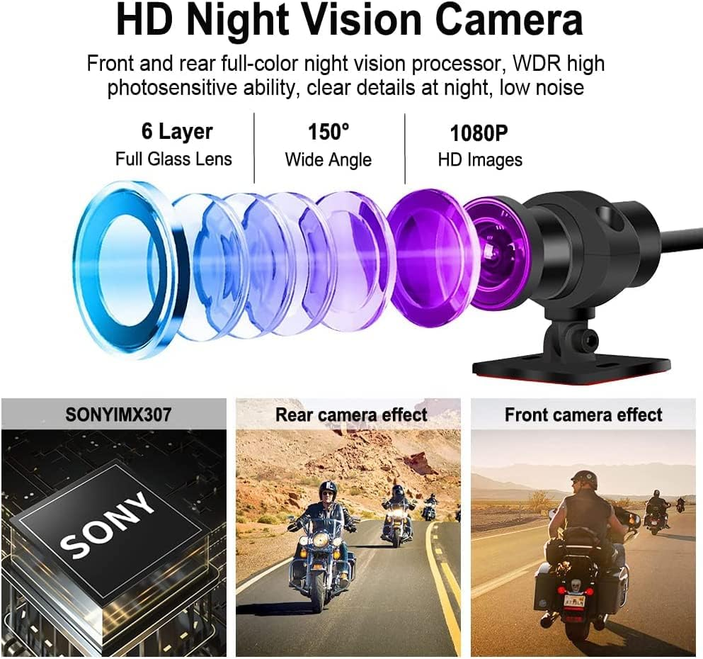 VSYSTO Motorcycle Dash Cam,All Waterproof,150 Degree Fish Eye,Motorbike Recording Camera Dvr,With 2'' Screen,Dual 1920X 1080P Front and Rear Camera Driving Recorder,Wdr,Rear Mirror Image image number 1