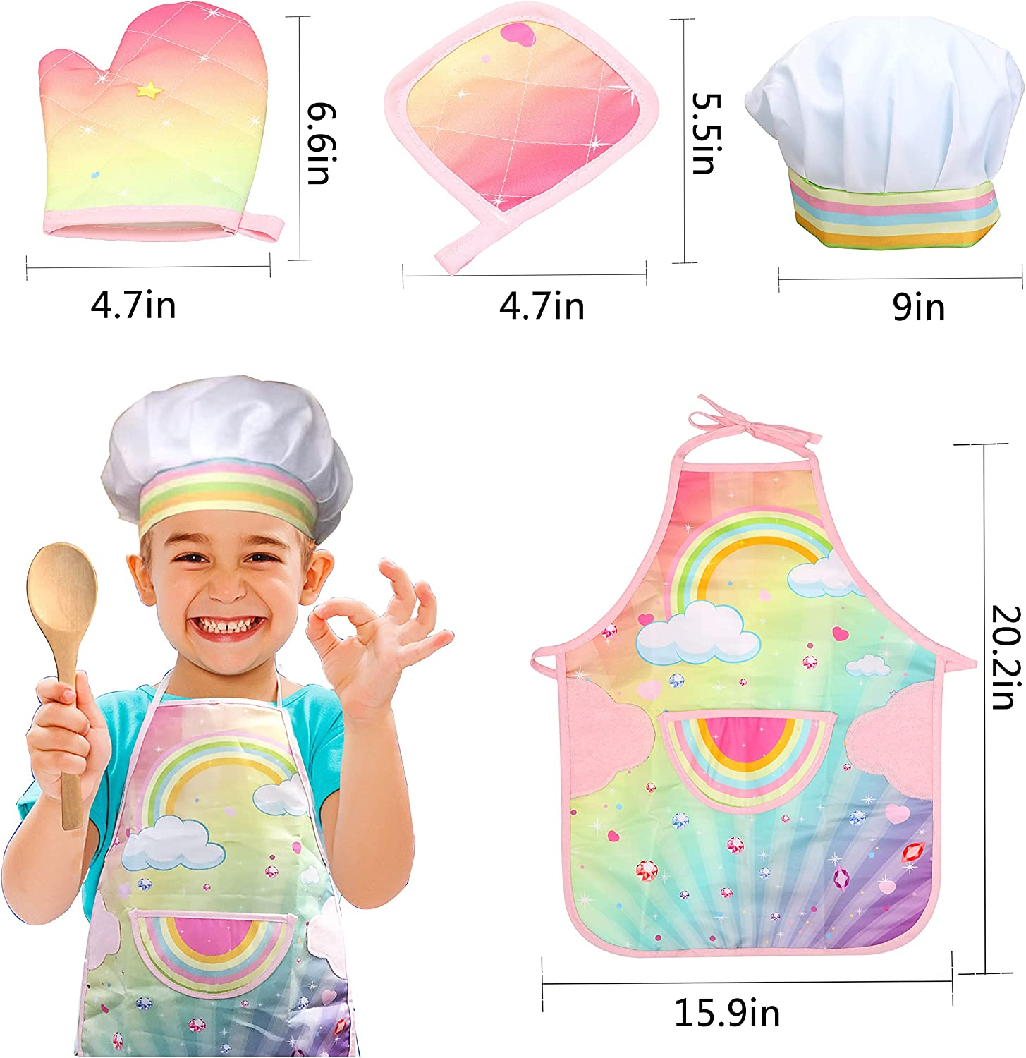 Real Kids Cooking and Baking Set - 26 Pcs Kids Chef Role Play Costume Set Includes Rainbow Apron, Chef Hat, Cooking Mitt, Utensils, Cupcake Molds for Toddler Boys and Girls Ages 3+ image number 6