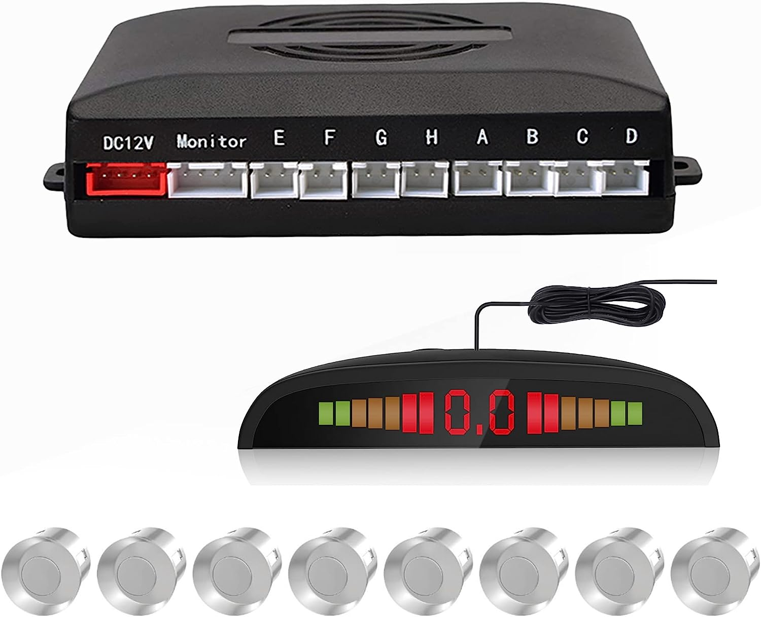 EKYLIN Car Reverse Parking Sensors System with 8 Parking Sensors Distance Detection + LED Distance Display + Sound Warning (Silver Color) image number 1