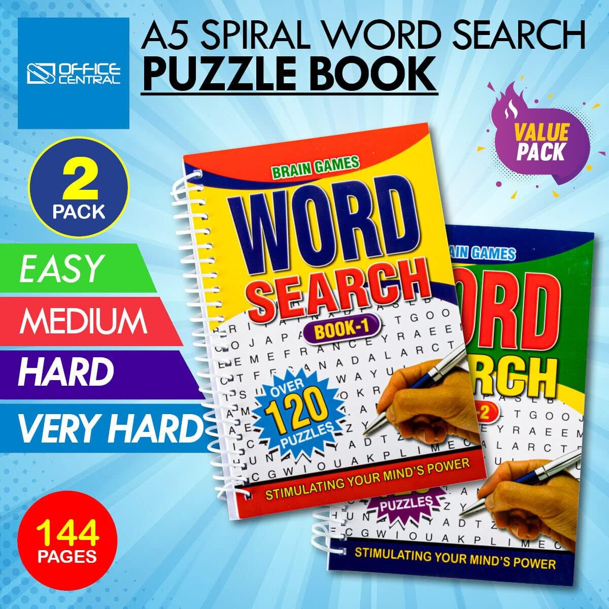 [2PCE] Office Central Spiral Word Search Puzzle Book, Eye Catching with Bright Front Covers with Large Capital Lettering and with 144 Pages of Words to Find, A5 Size image number 1