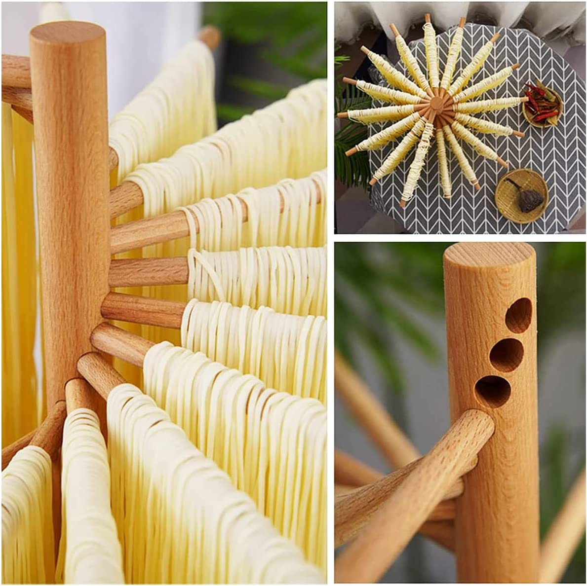 Collapsible Pasta Drying Rack, Wooden Spaghetti Stand Dryer with 16 Suspension Rods Homemade Fresh Noodle Tree Stand Hanger, Easy Storage & Quick Set-Up Hanging Rack for Home Kitchen (A) image number 1