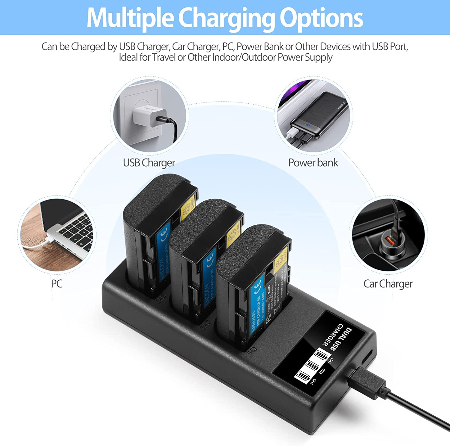 ENEGON LP-E6 Triple Slot Charger for Canon LP-E6, LP-E6N and Canon EOS 5D Mark II/III/IV, 5DS, 5DSR, 6D, 7D, 7D Mark II, 60D, 70D and More image number 3