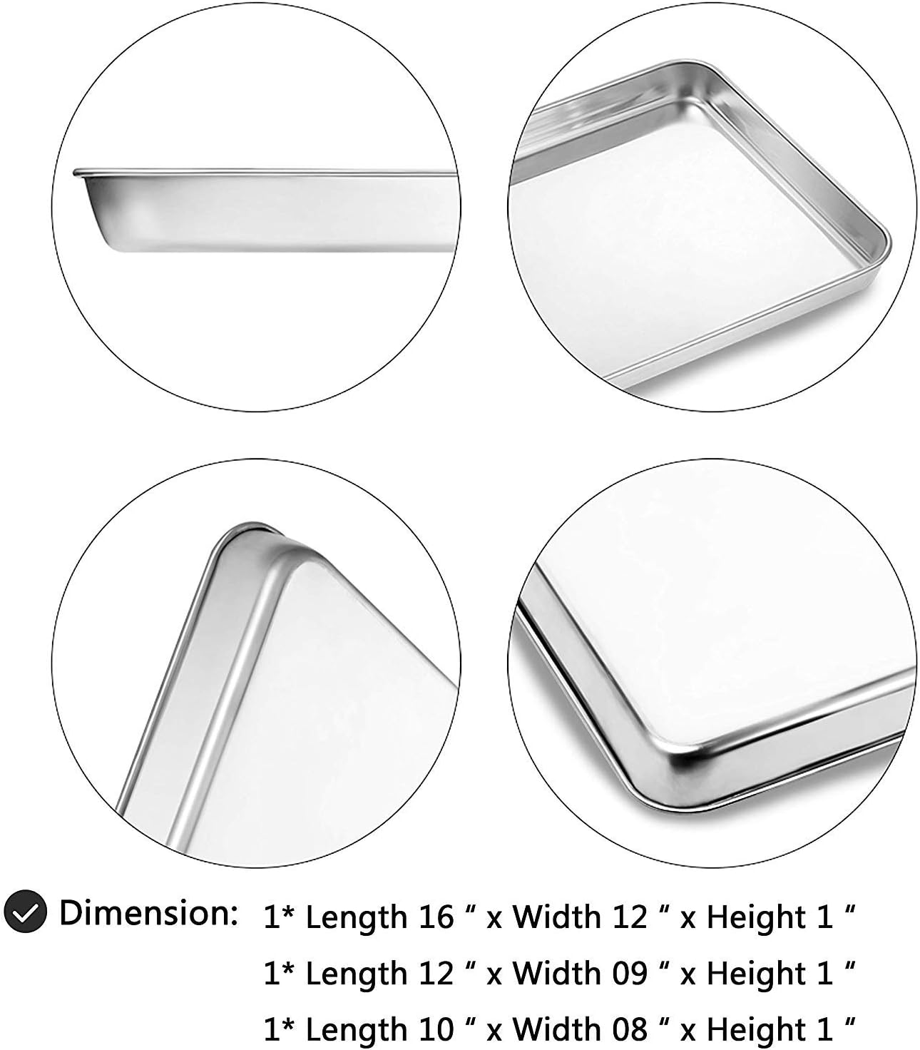 Stainless Steel Bakeware Oven Tray, 16 Inch Commercial Grade Professional Bakeware, Healthy & Non-Toxic, Mirror Finish & Rustproof, Easy Clean & Dishwasher Safe, 3 Piece Set 10/12/16 Inch - 16Inch X 2 Pcs image number 2
