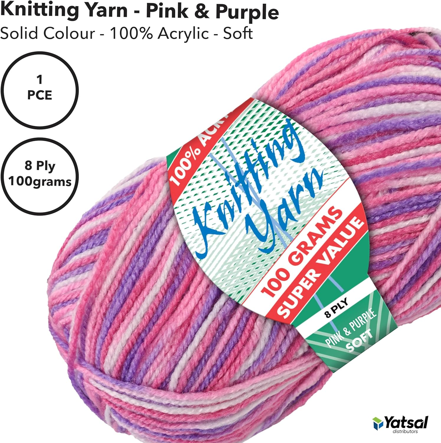 100% Acrylic 8-Ply Knitting Yarn 100 G, Pink Purple image number 3