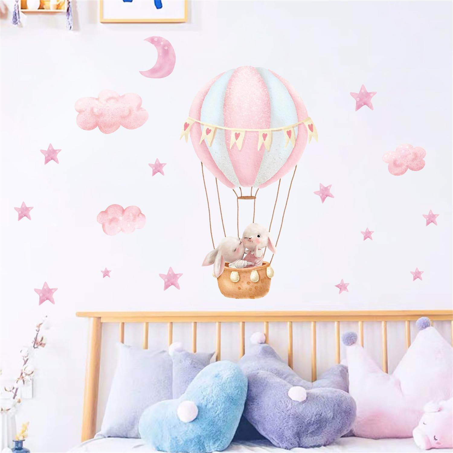 Pink Cloud Hot Air Balloon Rabbit Wall Decal Cute Bunny Moon and Stars Wall Stickers Baby Girls Room Nursery Decor image number 3