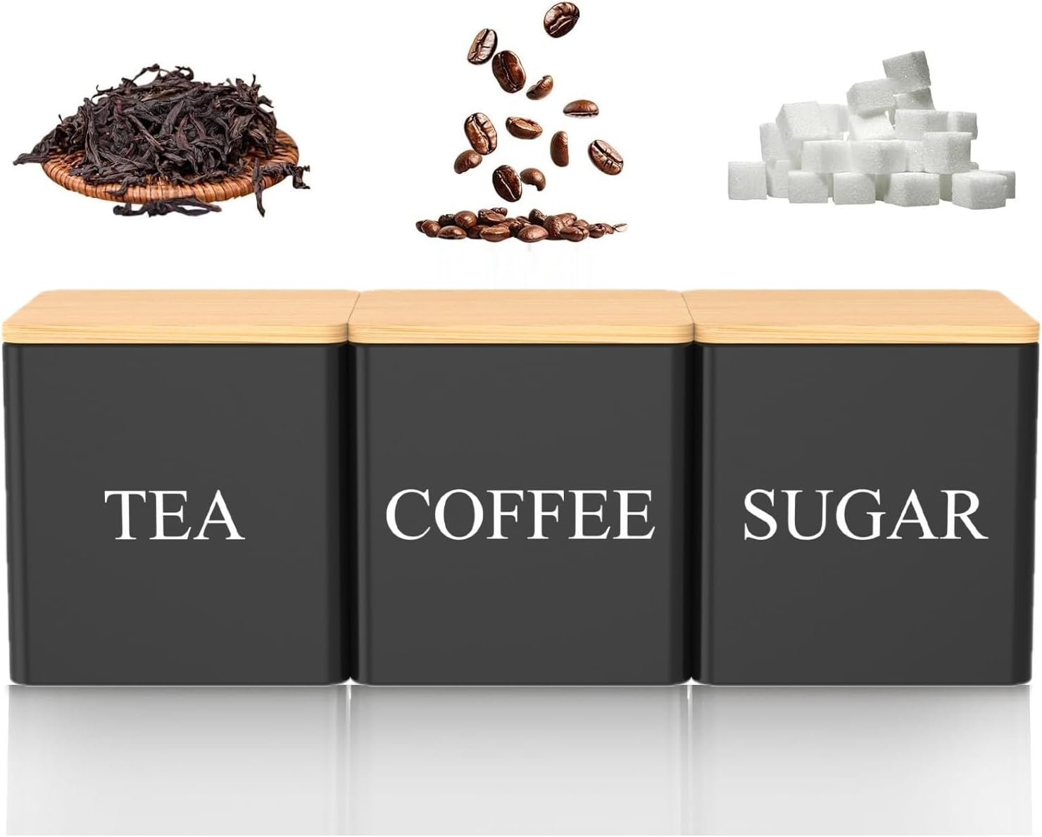 3Pcs Tea Sugar Coffee Canister Set with Bamboo Lids, Large Capacity Tea Sugar Coffee Container Set Sealed Space Saving Jar Set (Black) image number 1