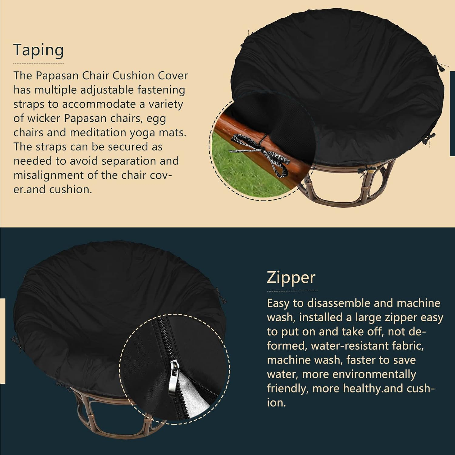 Papasan Cushion Covers 55" D - Black 600D Heavy Duty Oxford Cloth Zippered Cushion Waterproof Slipcover