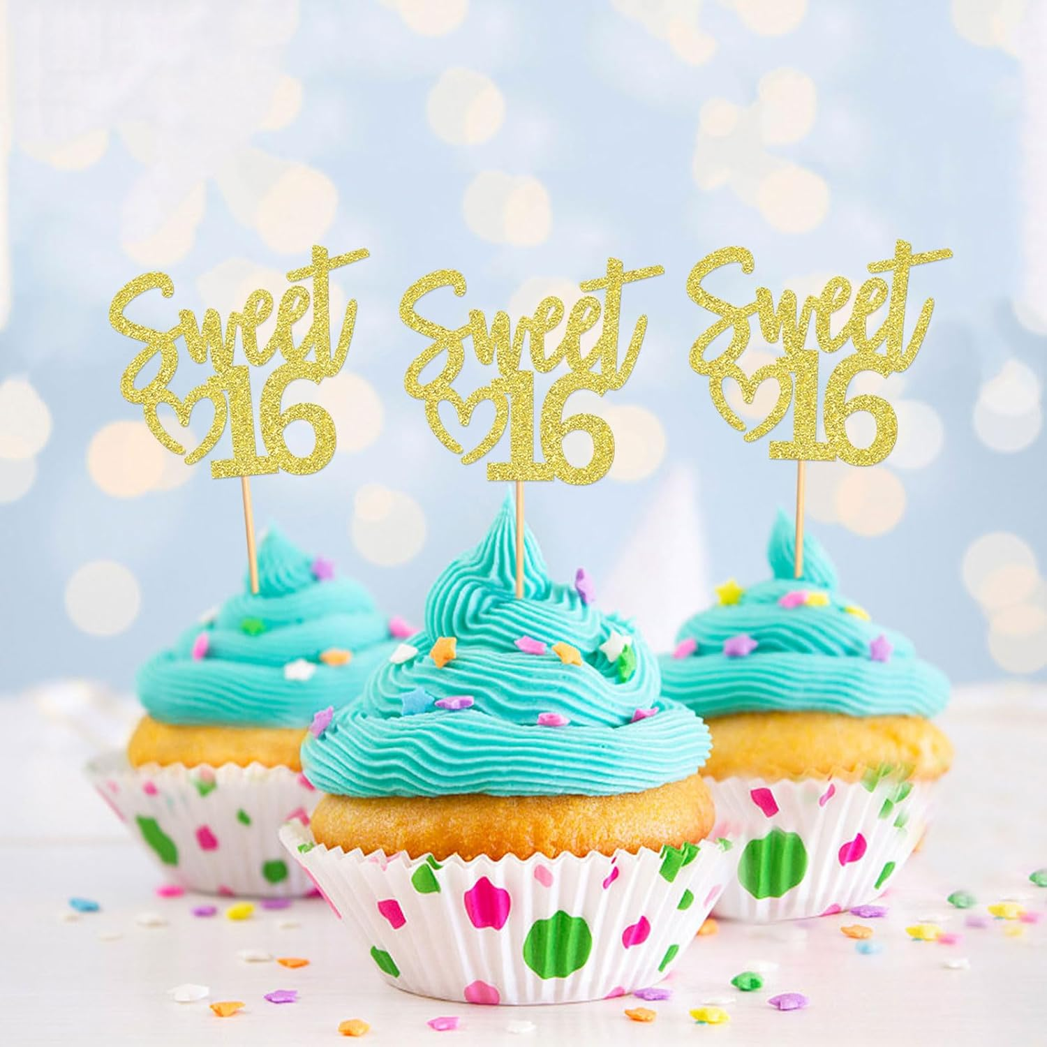 24 Pack Sweet 16 Cupcake Toppers Happy Sweet 16 Sweet Sixteen Birthday Cupcake Picks Happy 16 for 16Th Birthday Adult Men Women Wedding Anniversary Party Cake Decorations Supplies Gold