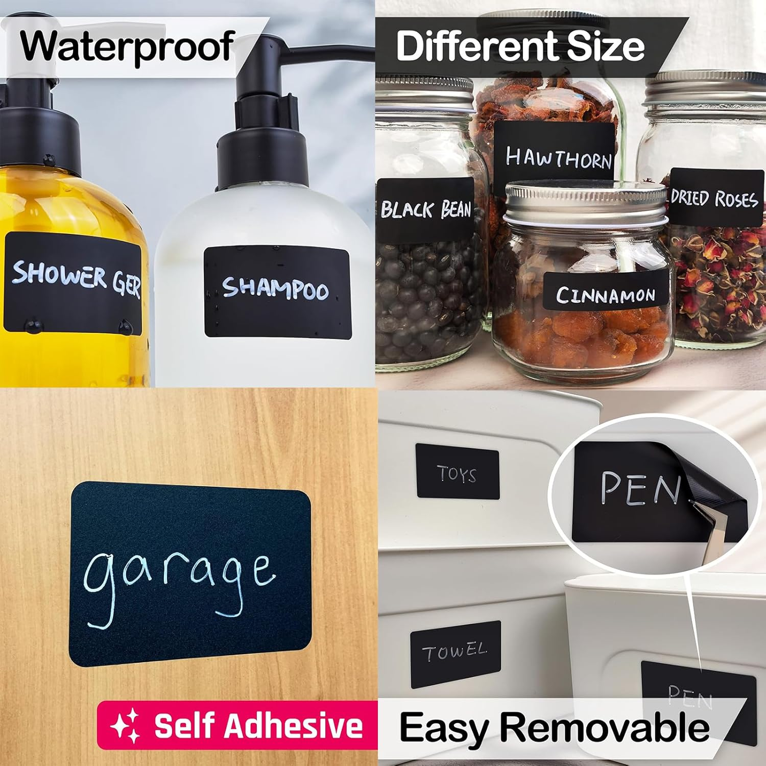 230PCS Chalkboard Labels 2 Size Reusable Waterproof Chalk Sticker Labels with 1 Chalk Liquid Marker for Jar Storage Bins Bottle Craft Kitchen Pantry Office, Rectangle Black (35X55Mm, 50X75MM) image number 6