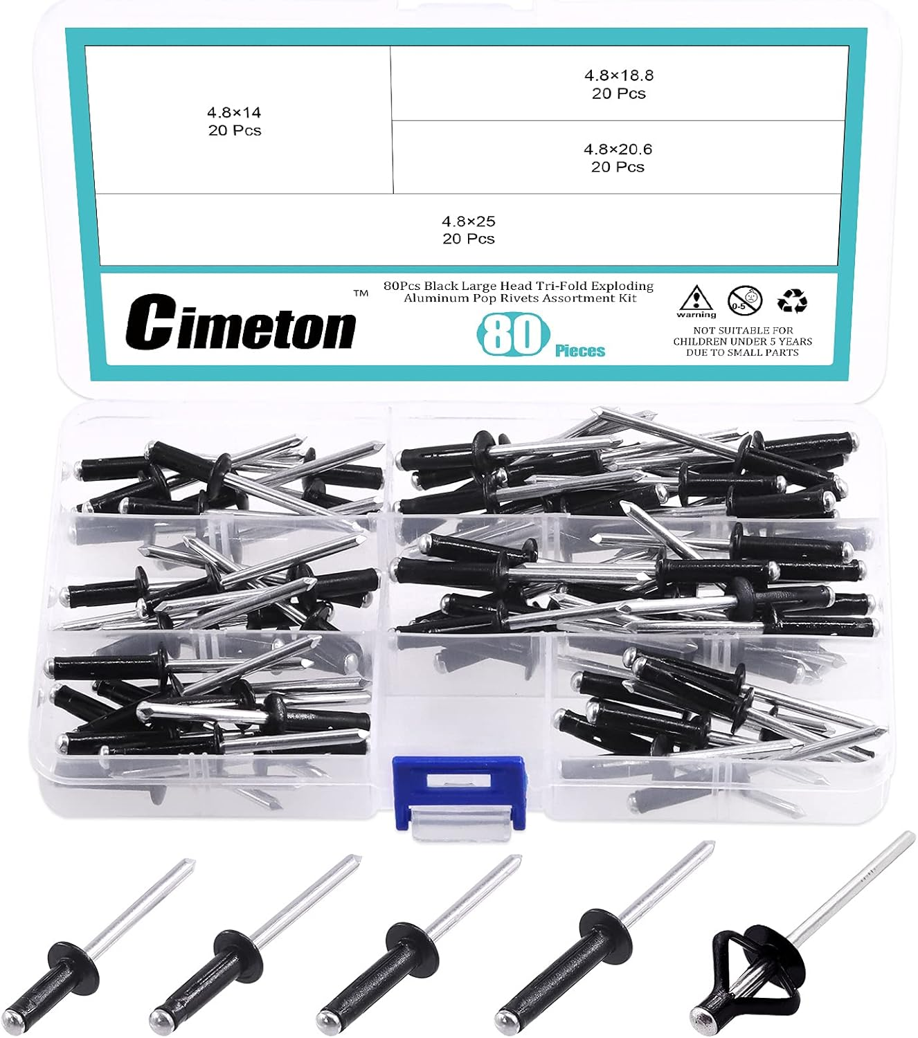 80Pcs 3/16" Long Grip Tri-Grip Rivets Tri-Fold Tri Bulb Long Pop Mounting Rivet Kit for Kayak and Boat Accessories