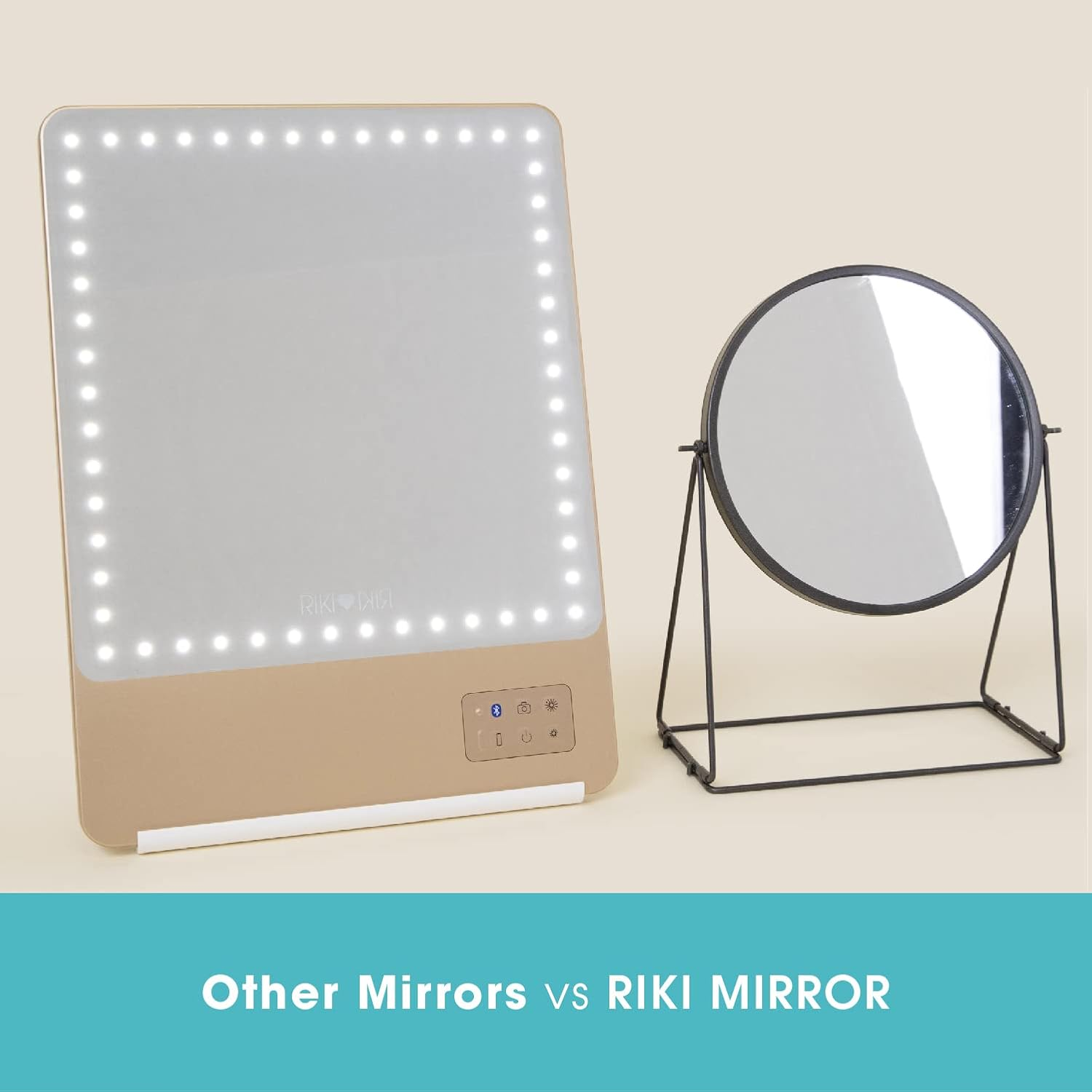 Riki Skinny Smart Vanity Mirror with HD Leds, Magnifying Mirror Attachment, Phone Holder and Bluetooth Control (5X Magnification, Champagne Gold) image number 5