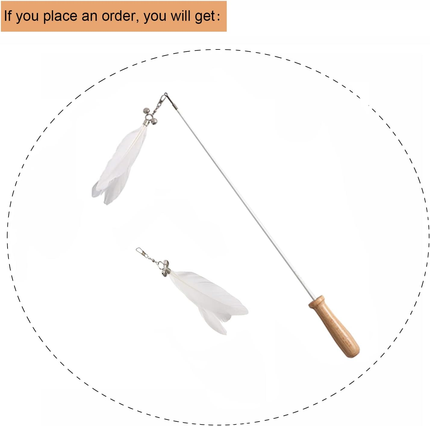 Cat Teaser Toy with Wooden Handle - Retractable Cat Teaser Wand with Natural Feather - Cat Interactive Toy for Indoor Cats - White image number 6