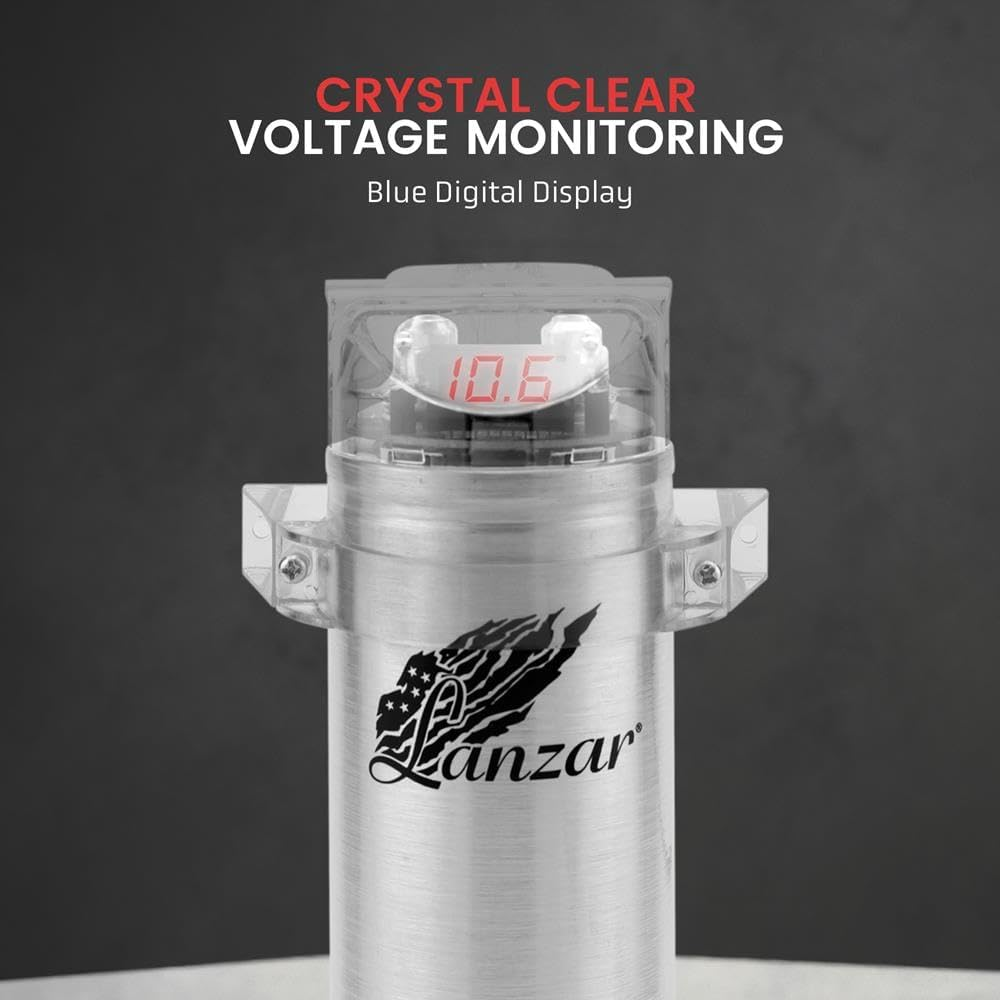 Lanzar 0.2 Farad Digital Power Capacitor, High-Performance Car Audio Accessory with Blue Digital Display Voltage Readout and LED Flash, over Voltage Protection, Mounting Hardware, DC 12-24V