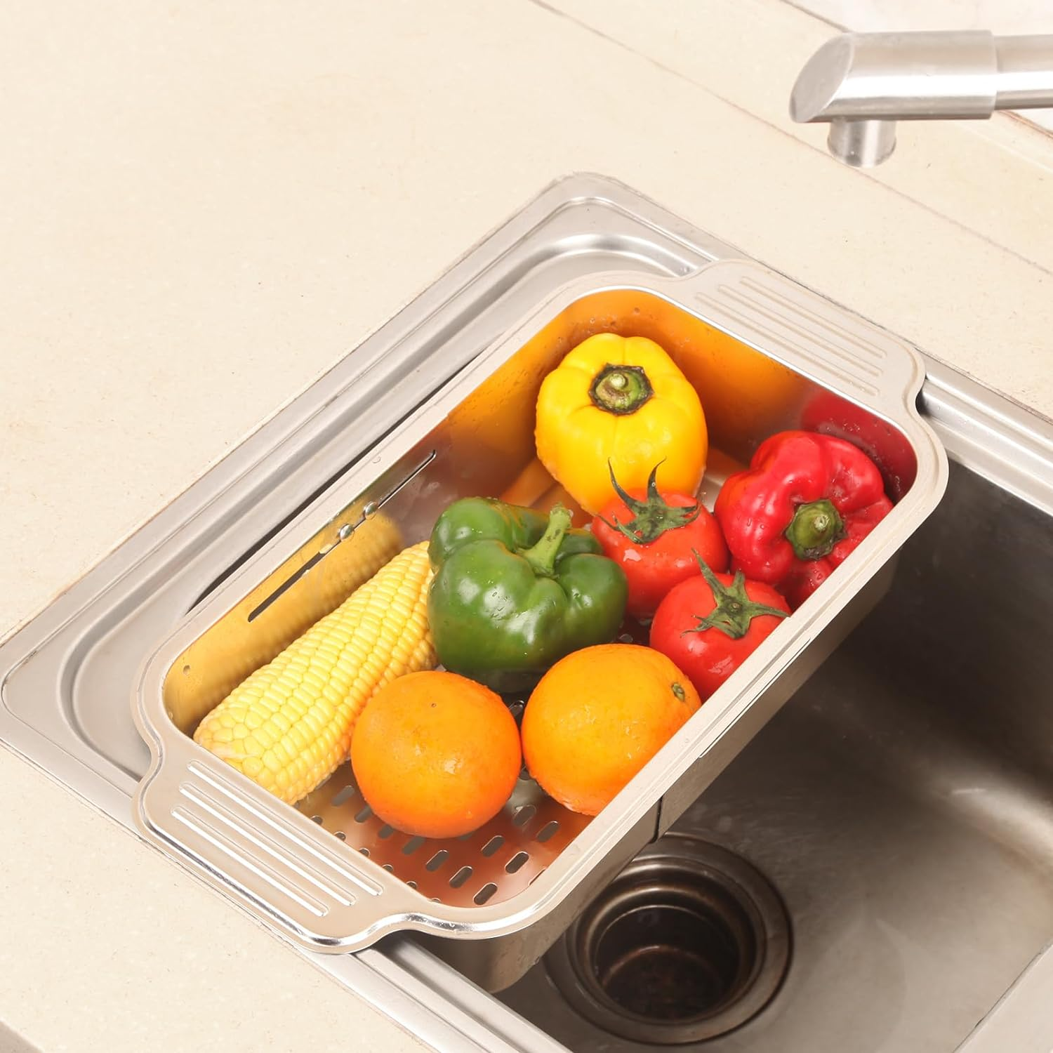 Over the Sink Colander Strainer Basket,Extendable Colander-Stainless Steel,Suitable for Wash Vegetables and Fruits, Drain Cooked Pasta and Dry Dishes, New Home Kitchen Essentials, Large image number 4