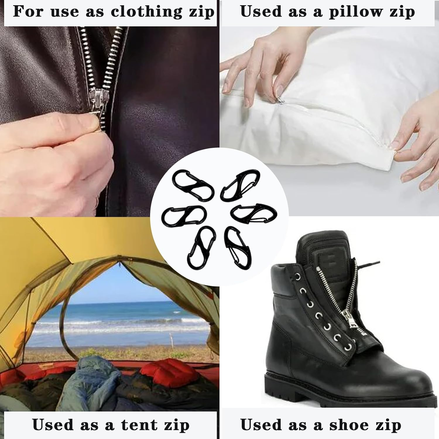 S Carabiner,Black Double Sided S Biner Keychain 6 Pieces Stainless Zipper Clips anti Theft for Keys Backpacks image number 4